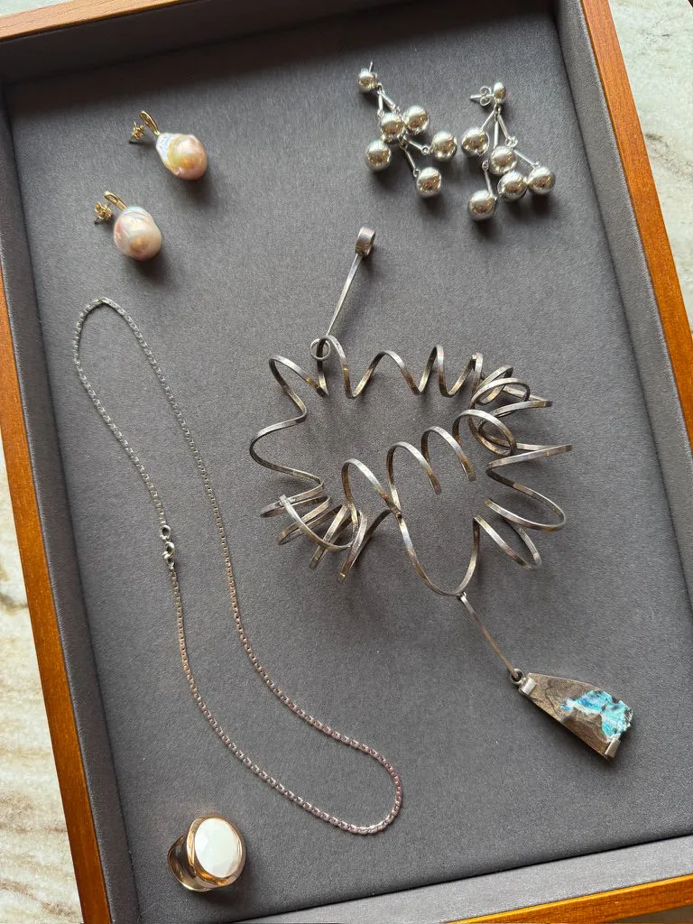 Extra Large Swedish Vintage Handmade Spiral Pendant in Sterling Silver with Geometric Opal Stone Slab - Signed