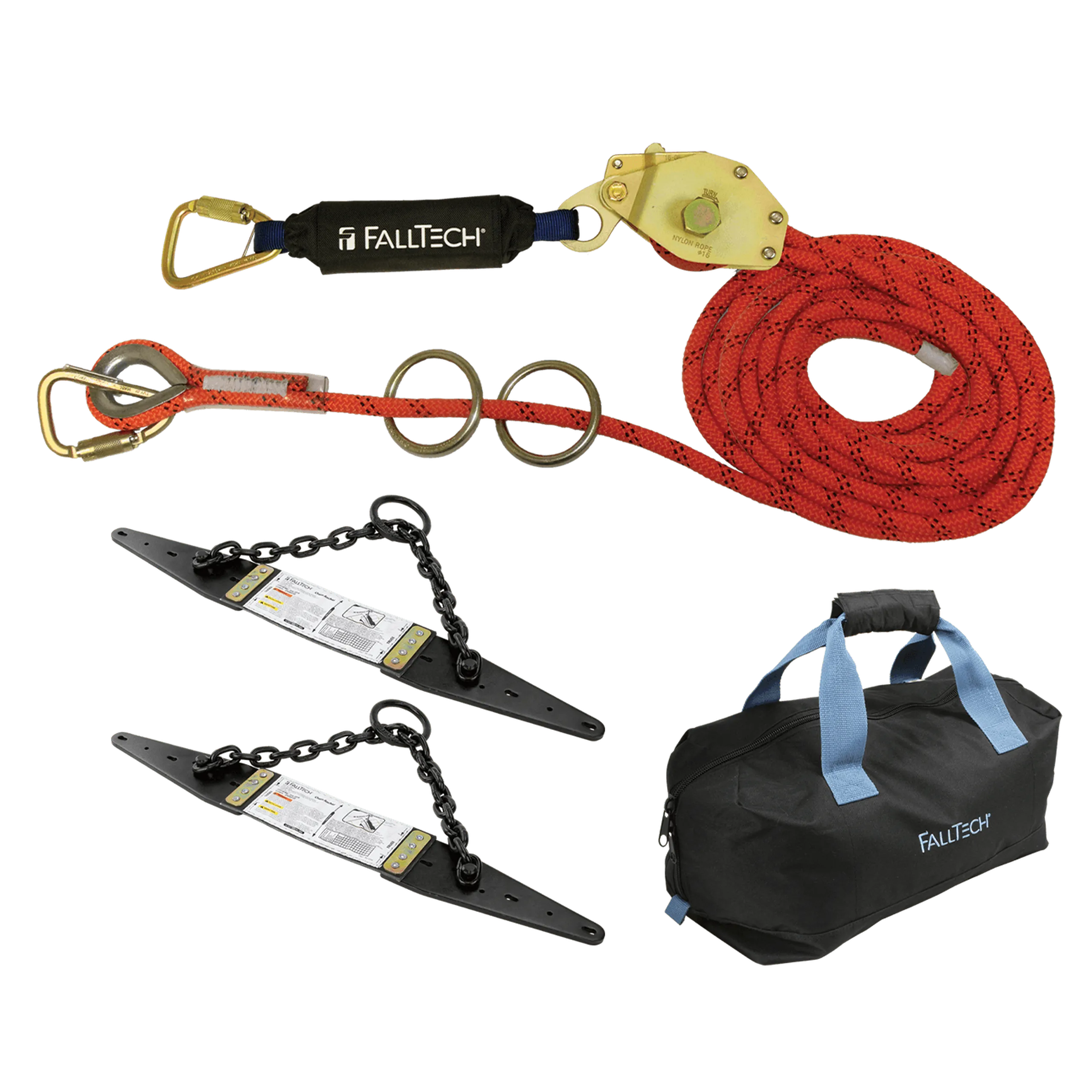 FallTech 7493A602K Temporary Rope HLL System; 2-person with Kernmantle Rope and Chain Roof Anchors (each)