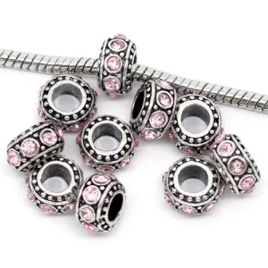 Five (5) June Birthstone Light Pink  Rhinestone Charms Spacer Beads For Snake Chain Charm Bracelet