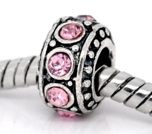 Five (5) June Birthstone Light Pink  Rhinestone Charms Spacer Beads For Snake Chain Charm Bracelet