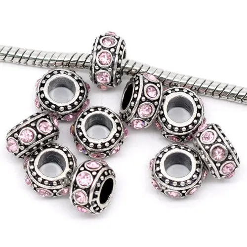 Five (5) June Birthstone Light Pink  Rhinestone Charms Spacer Beads For Snake Chain Charm Bracelet