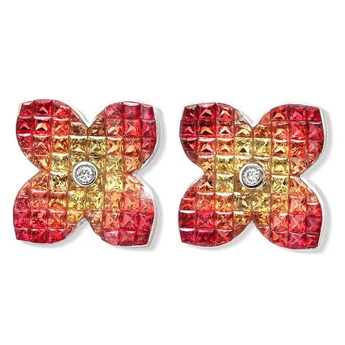 Flower Design Multicolor Sapphire with Diamond Earrings 18k White Gold