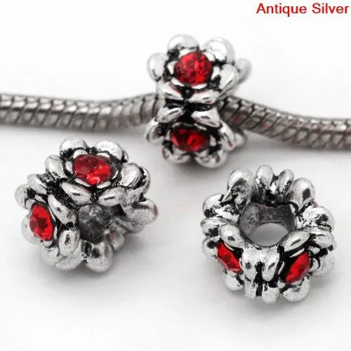 Flower With Red Birthstone European Bead Compatible for Most European Snake Chain Bracelet