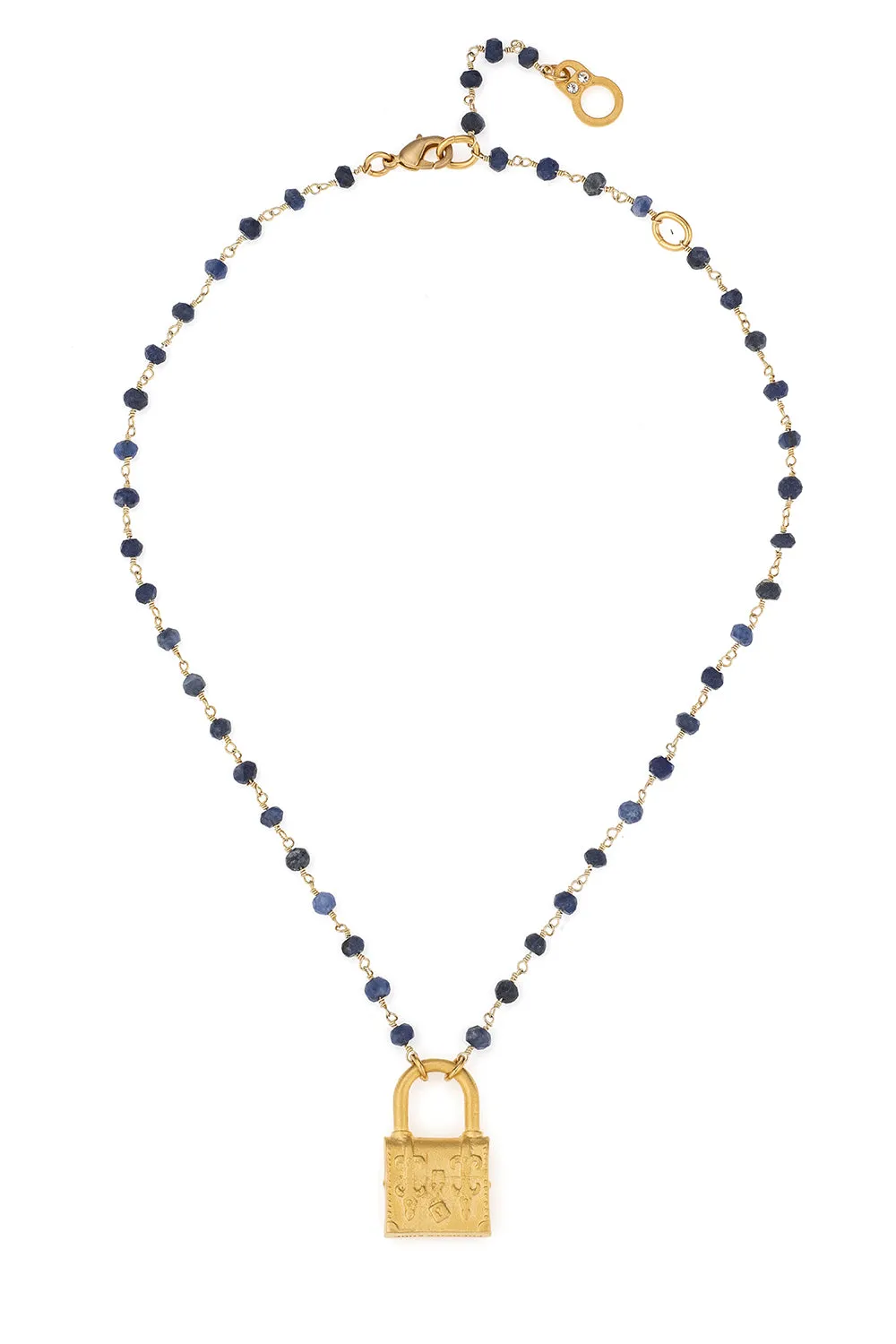 French Kande Micro Sodalite Fk Lock Necklace Pendant Medallion Gold Plated NEW