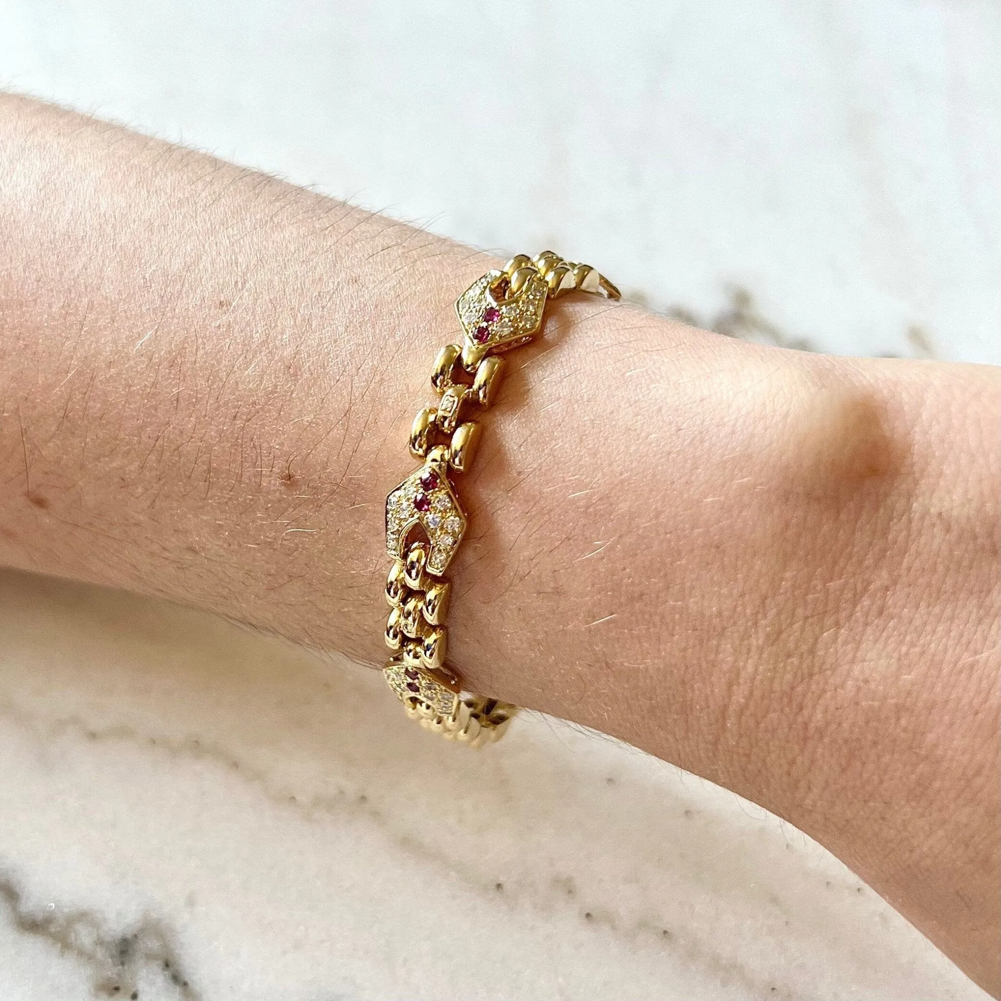 French Vintage 18 Karat Yellow Gold Ruby & Diamond Link Bracelet