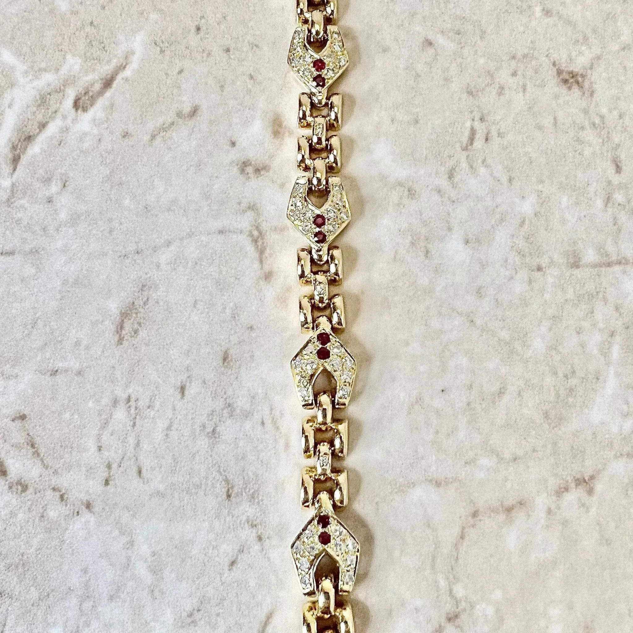 French Vintage 18 Karat Yellow Gold Ruby & Diamond Link Bracelet