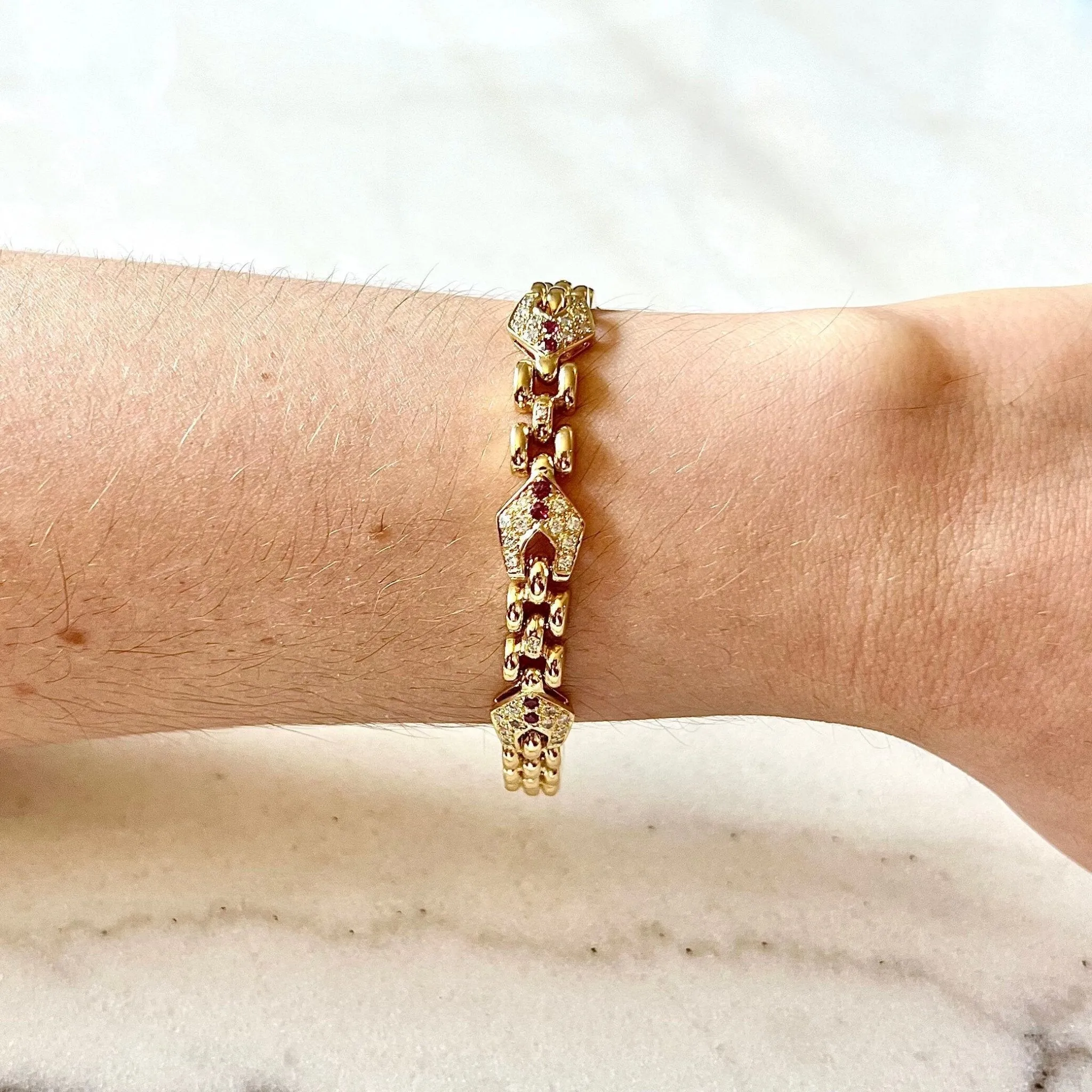 French Vintage 18 Karat Yellow Gold Ruby & Diamond Link Bracelet