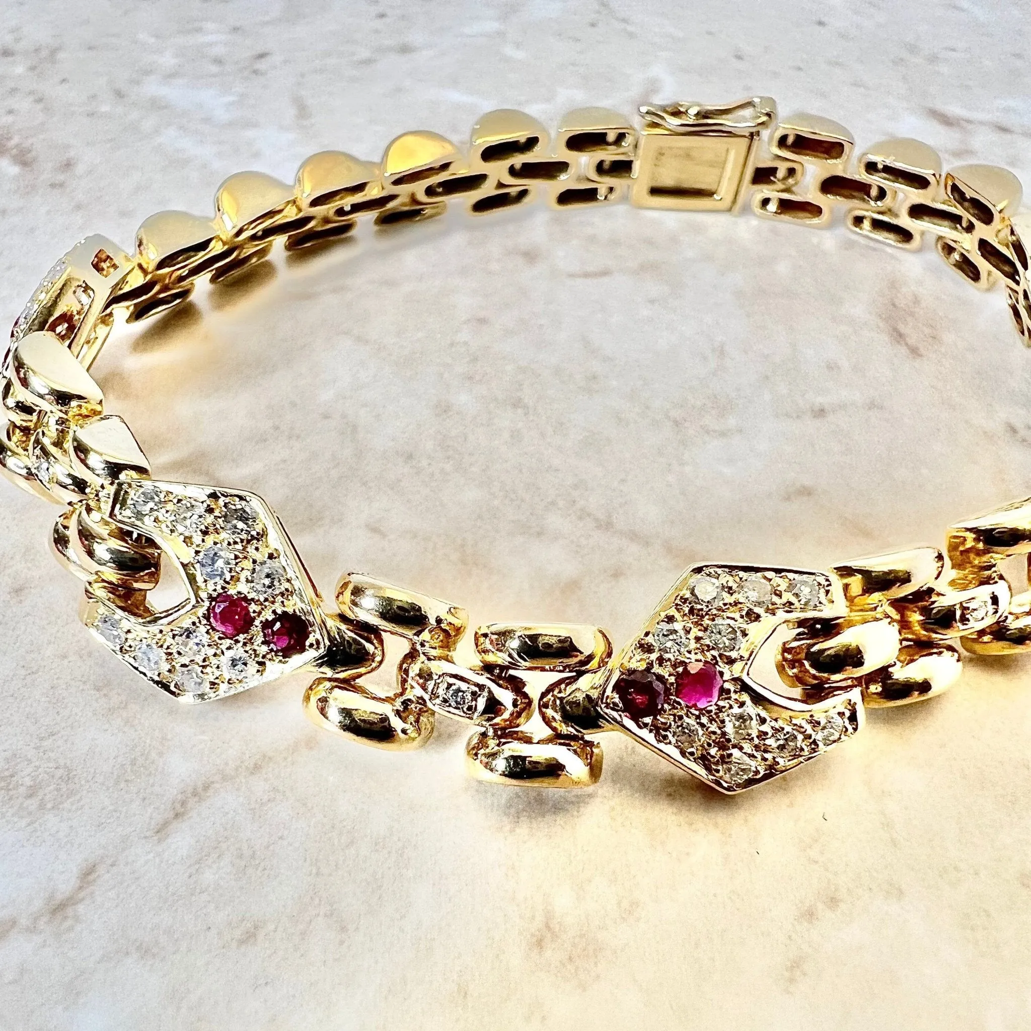 French Vintage 18 Karat Yellow Gold Ruby & Diamond Link Bracelet