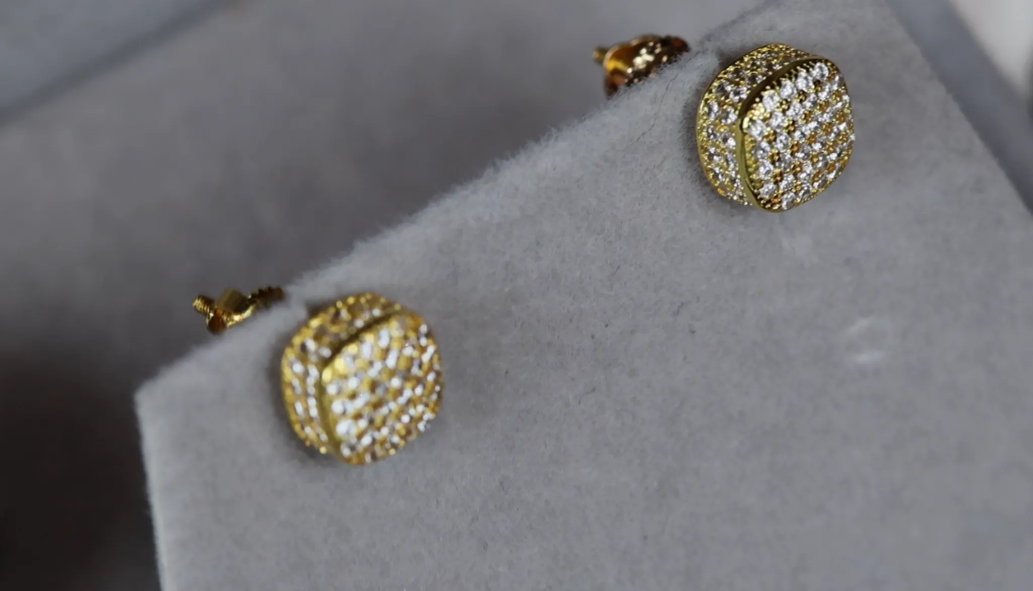 Gold Iced Out Ear Studs | Gold Diamond Ear Studs | Cube Diamond Ear Studs