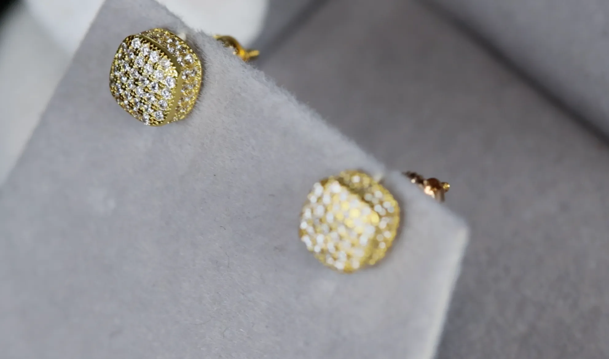 Gold Iced Out Ear Studs | Gold Diamond Ear Studs | Cube Diamond Ear Studs