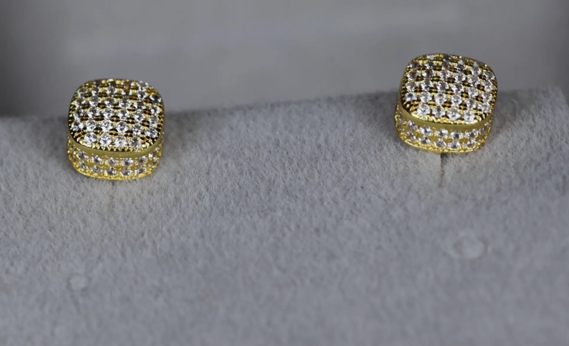 Gold Iced Out Ear Studs | Gold Diamond Ear Studs | Cube Diamond Ear Studs