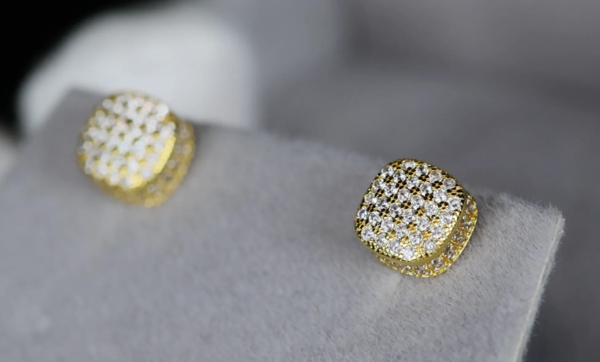 Gold Iced Out Ear Studs | Gold Diamond Ear Studs | Cube Diamond Ear Studs