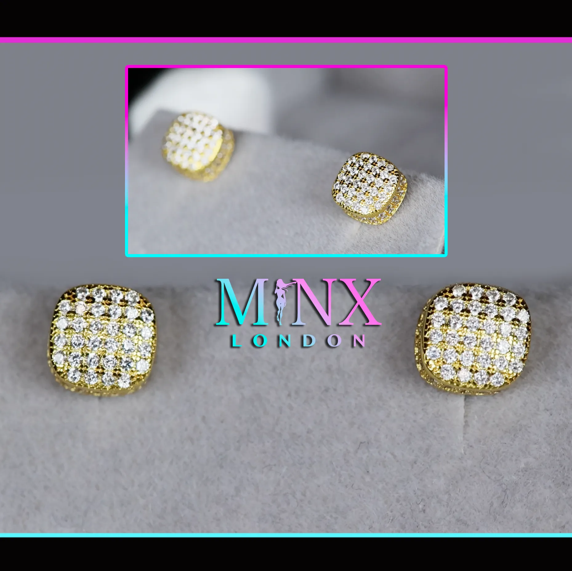 Gold Iced Out Ear Studs | Gold Diamond Ear Studs | Cube Diamond Ear Studs
