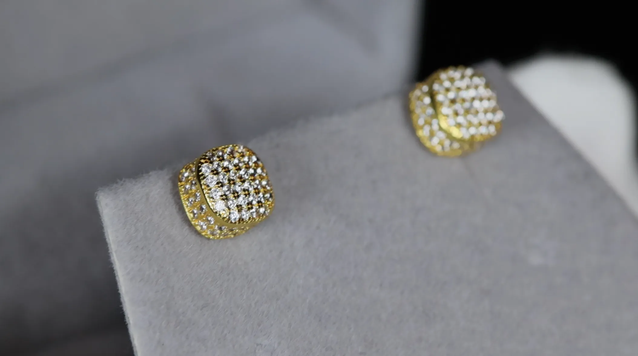 Gold Iced Out Ear Studs | Gold Diamond Ear Studs | Cube Diamond Ear Studs