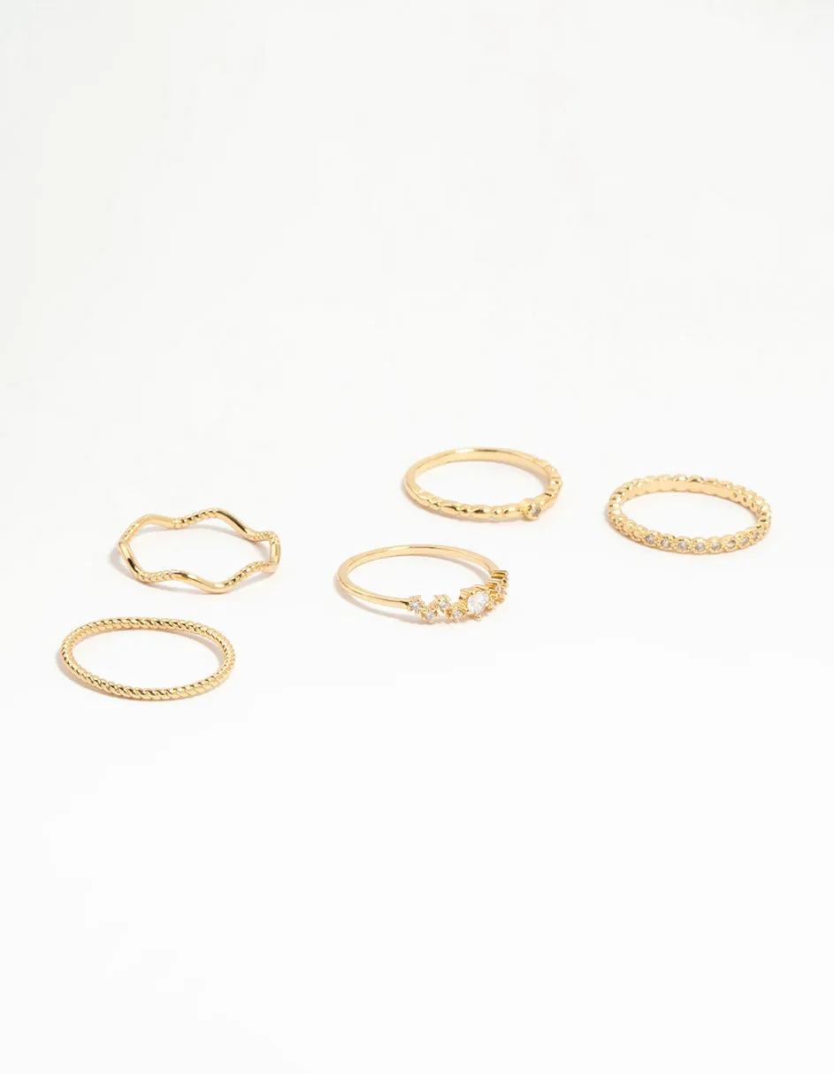 Gold Plated Squiggle & Rope Rings 5-Pack