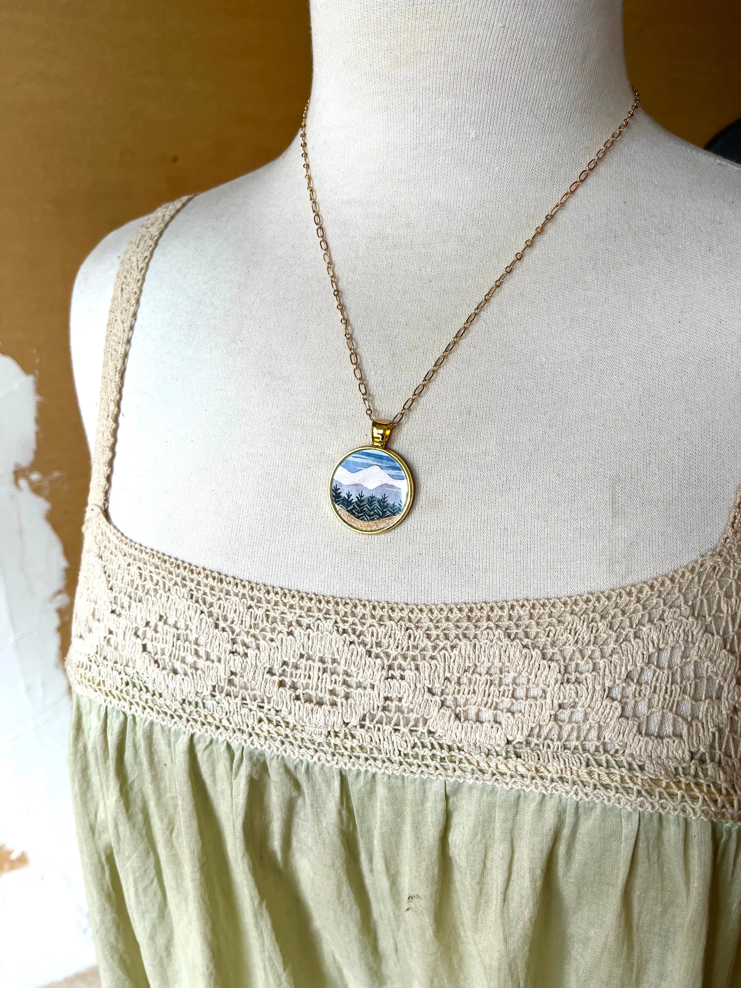 Golden Mountain Landscape, Watercolor Landscape Hand Painted Necklace, Original Art Pendant with Gold