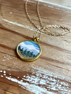 Golden Mountain Landscape, Watercolor Landscape Hand Painted Necklace, Original Art Pendant with Gold