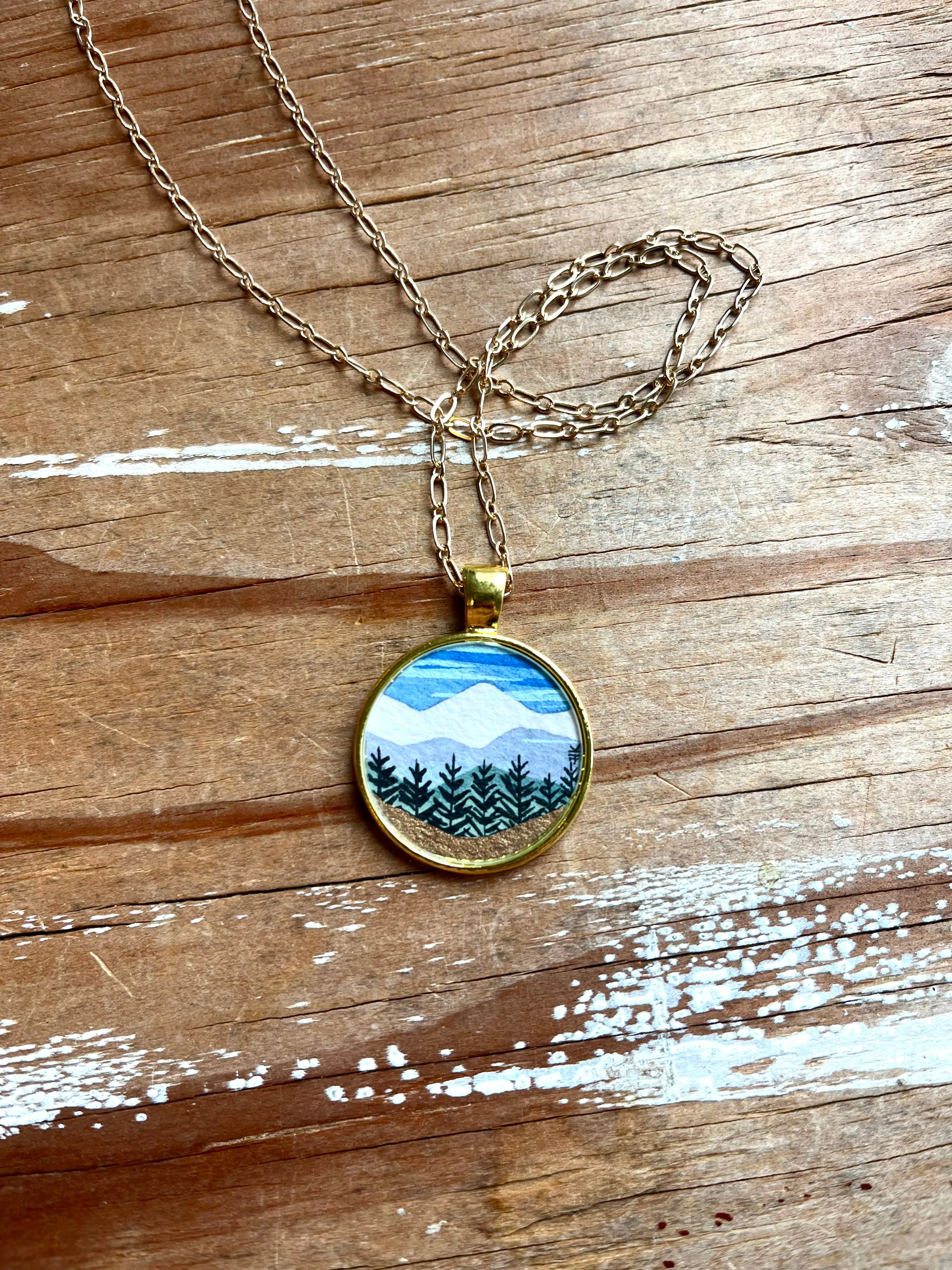 Golden Mountain Landscape, Watercolor Landscape Hand Painted Necklace, Original Art Pendant with Gold