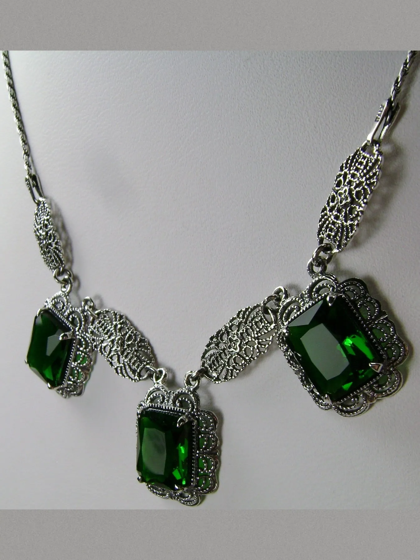 Green Emerald Festoon Necklace, Triple Gem Necklace Vintage Jewelry, P8