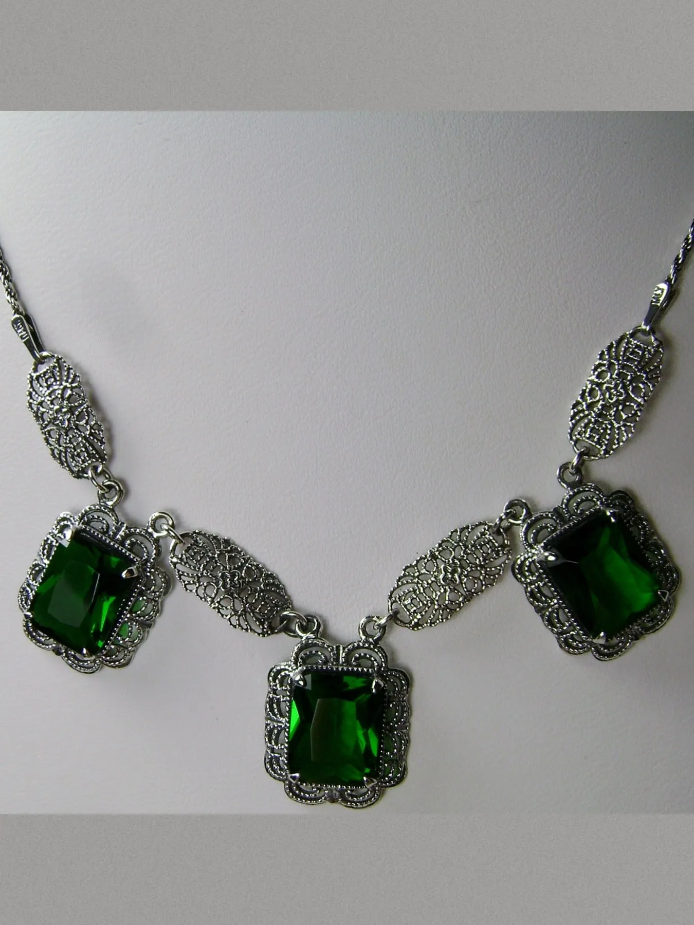 Green Emerald Festoon Necklace, Triple Gem Necklace Vintage Jewelry, P8