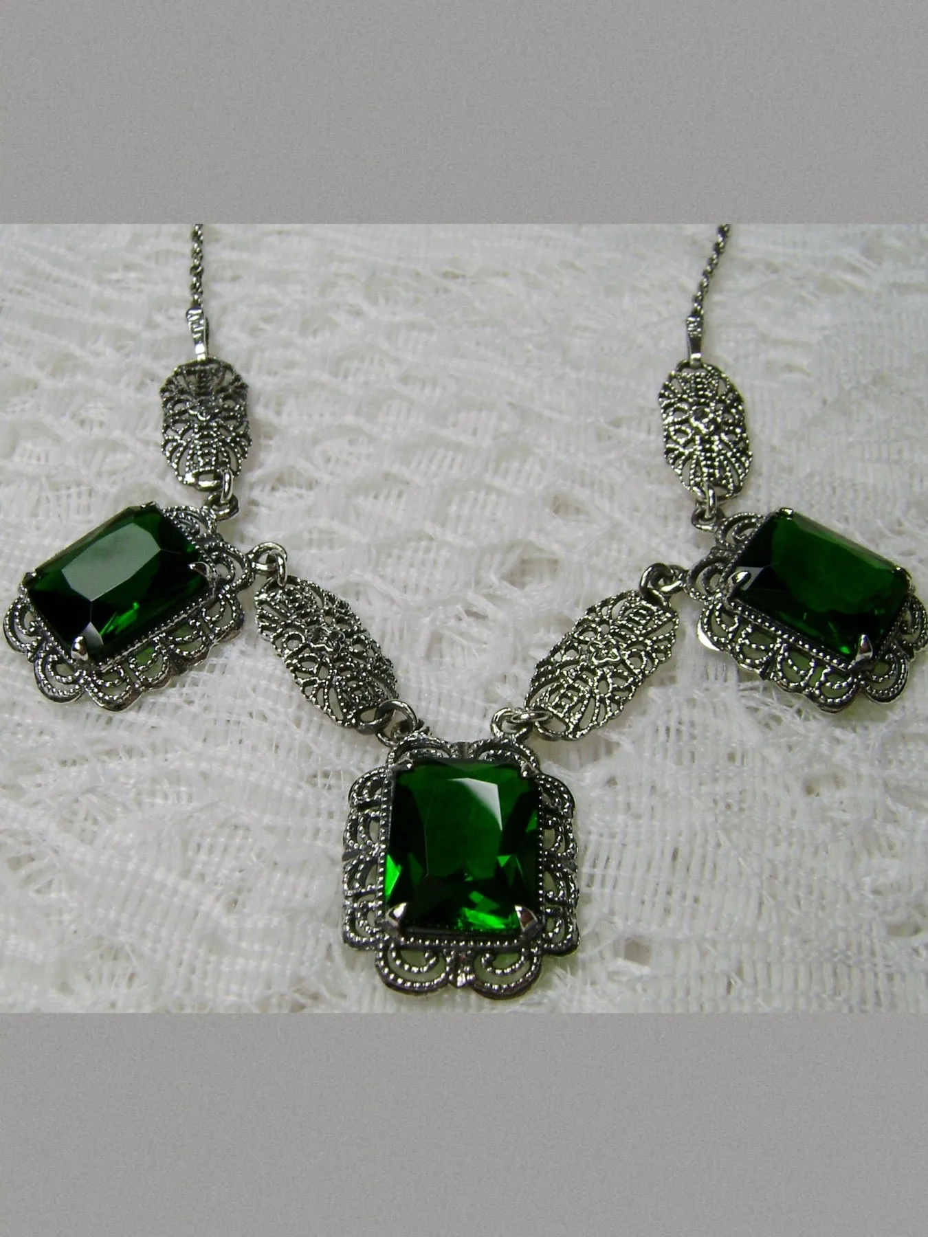 Green Emerald Festoon Necklace, Triple Gem Necklace Vintage Jewelry, P8