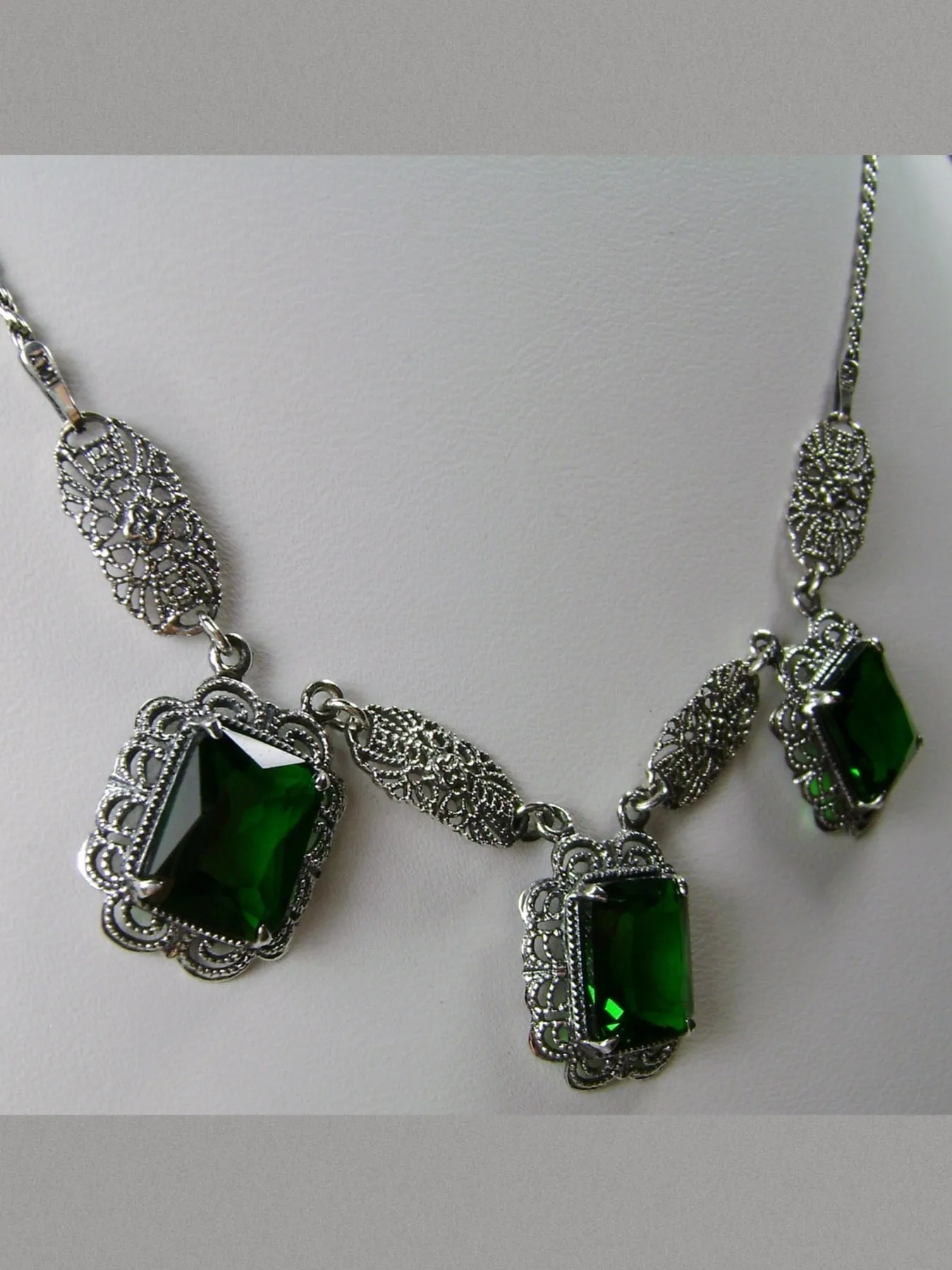 Green Emerald Festoon Necklace, Triple Gem Necklace Vintage Jewelry, P8