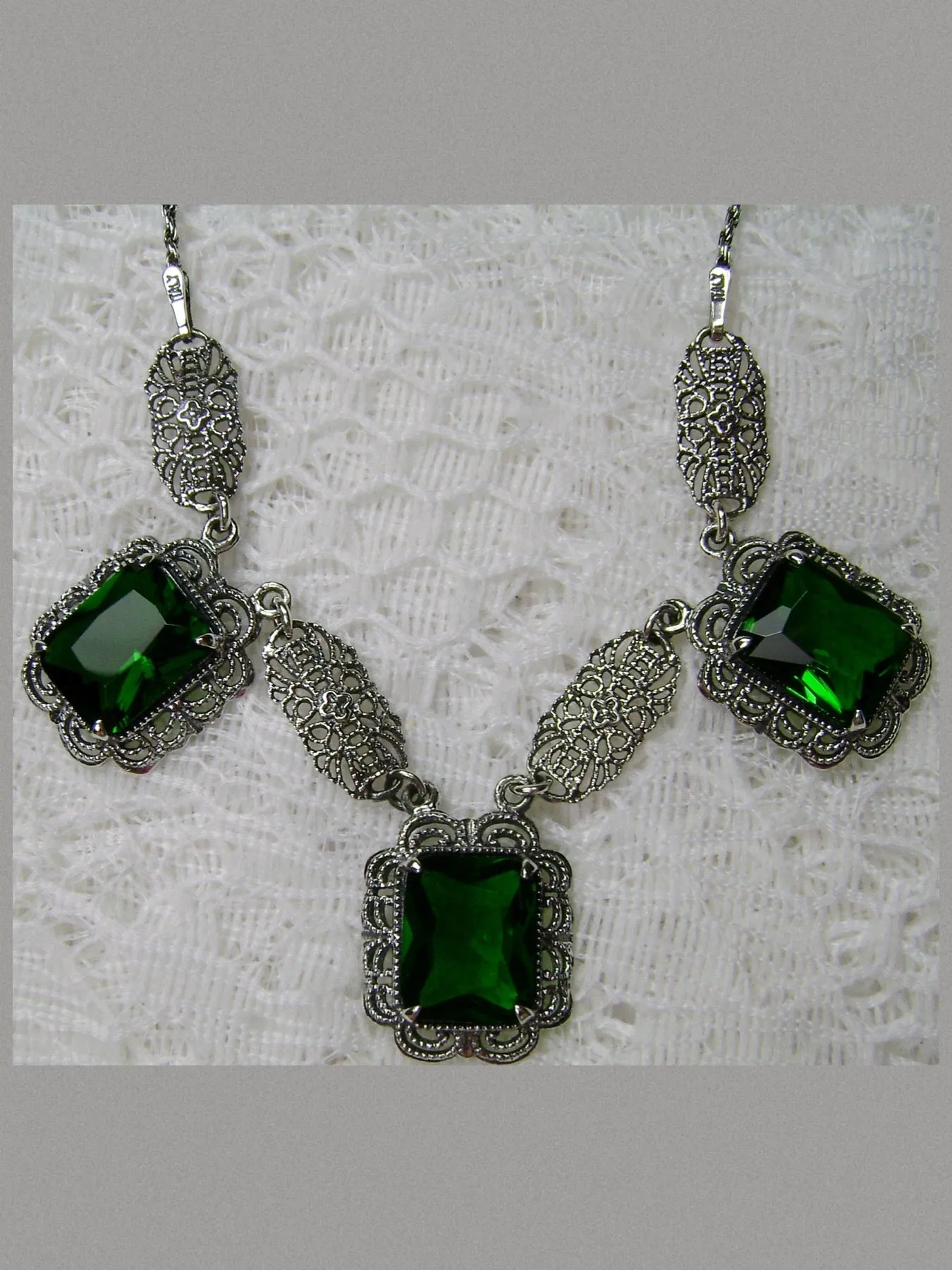 Green Emerald Festoon Necklace, Triple Gem Necklace Vintage Jewelry, P8