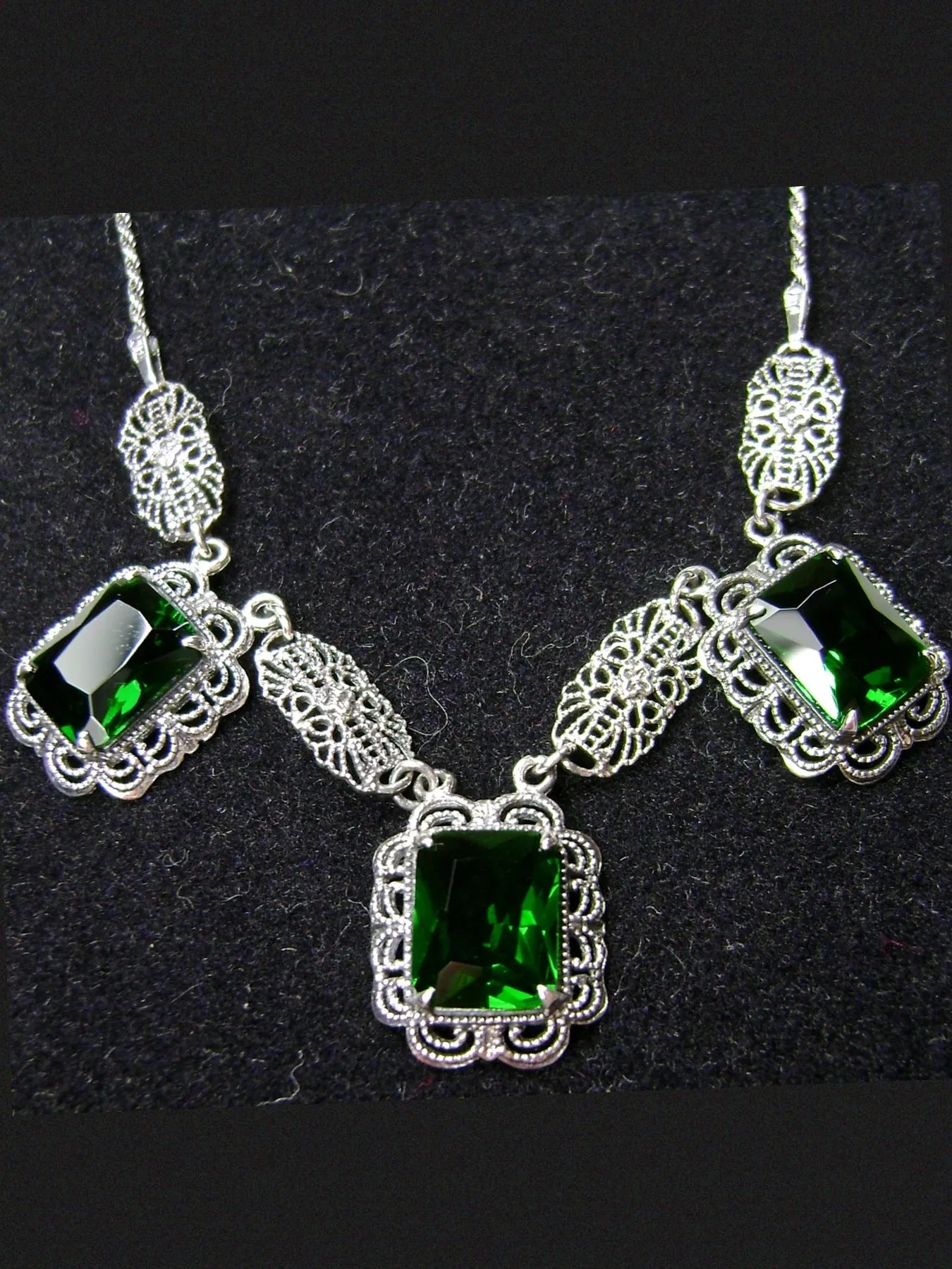 Green Emerald Festoon Necklace, Triple Gem Necklace Vintage Jewelry, P8