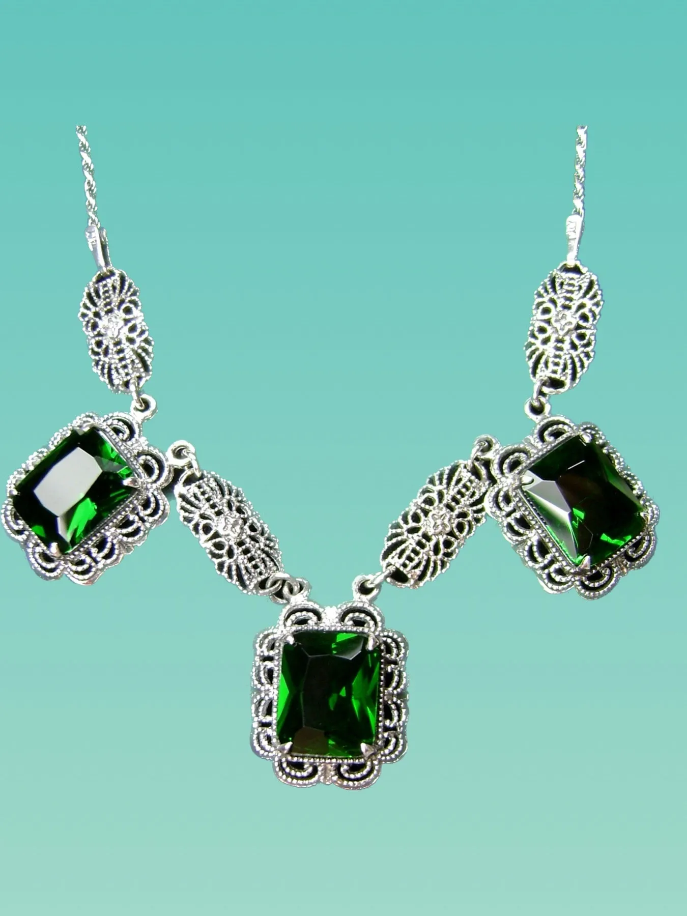 Green Emerald Festoon Necklace, Triple Gem Necklace Vintage Jewelry, P8