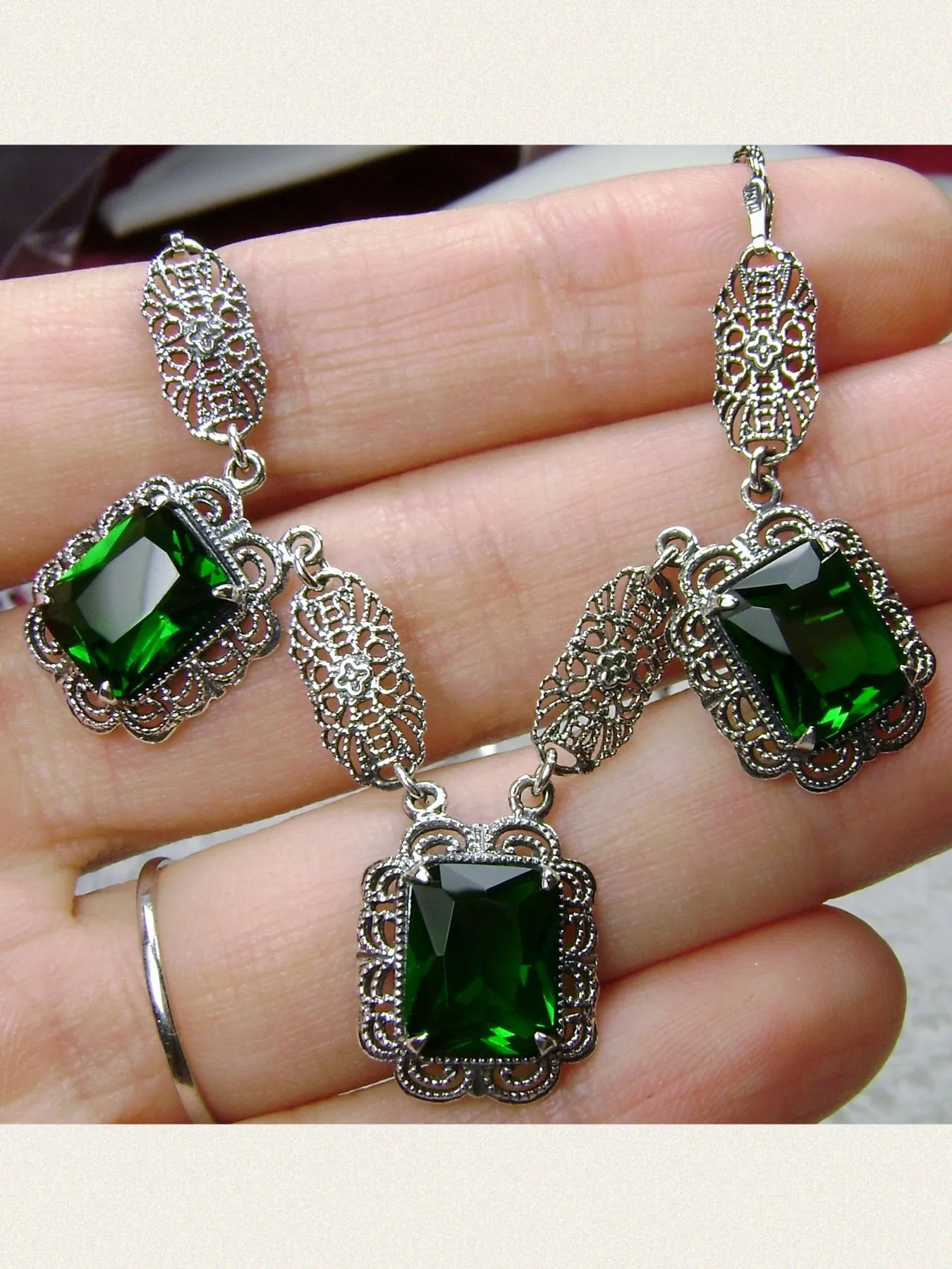 Green Emerald Festoon Necklace, Triple Gem Necklace Vintage Jewelry, P8
