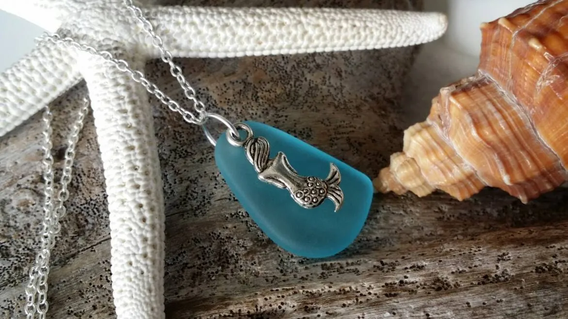 Handmade in Hawaii, Blue sea glass necklace,Mermaid charm. gift box, Mother's Day Gifts.sea glass jewelry.
