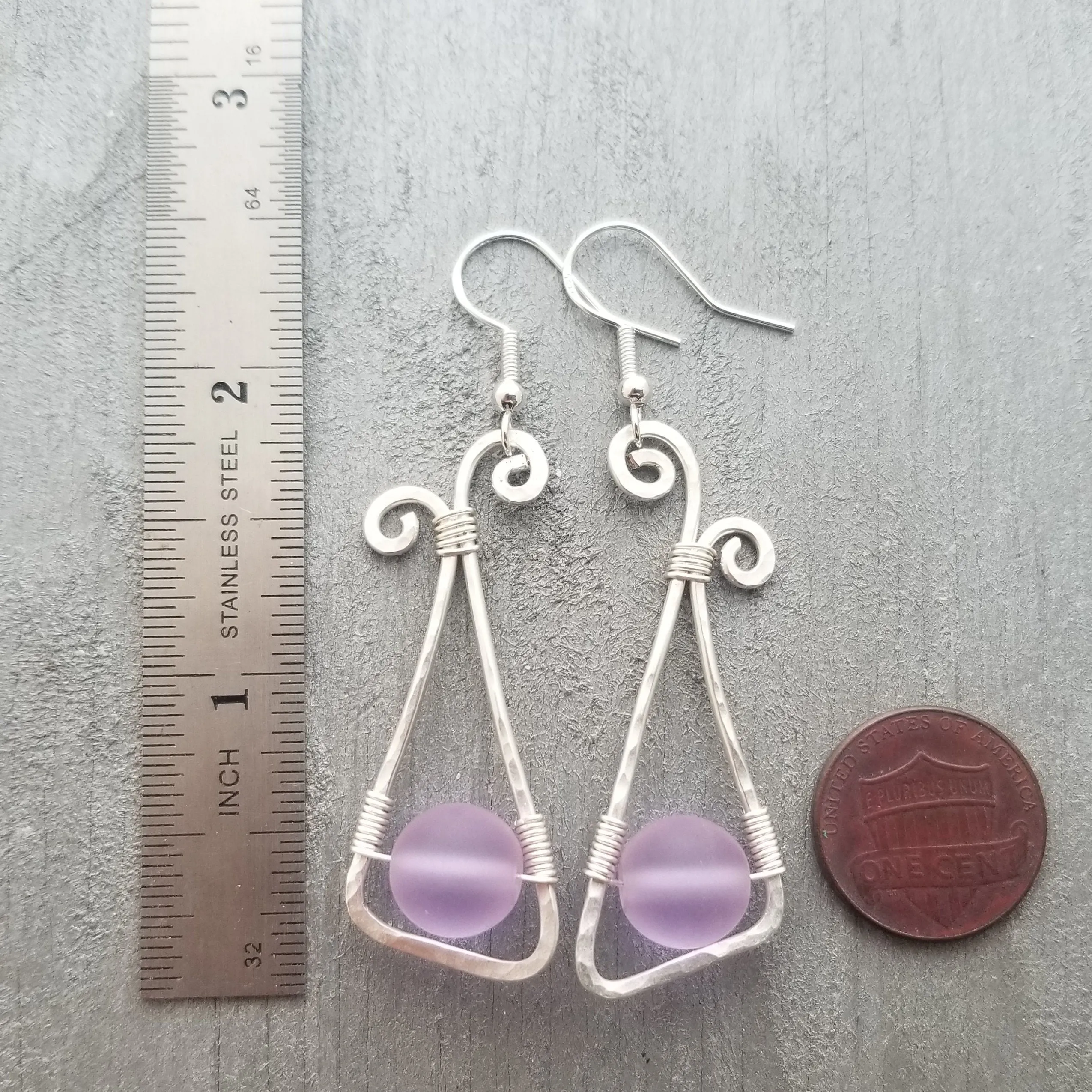 Handmade in Hawaii,  Hammered Wire triangle loop "Magical Color Changing" Purple sea glass earrings, FREE gift wrap