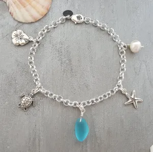 Handmade in Hawaii, Multiple charms blue sea glass chain bracelet, Natural pearl, Hawaiian jewelry