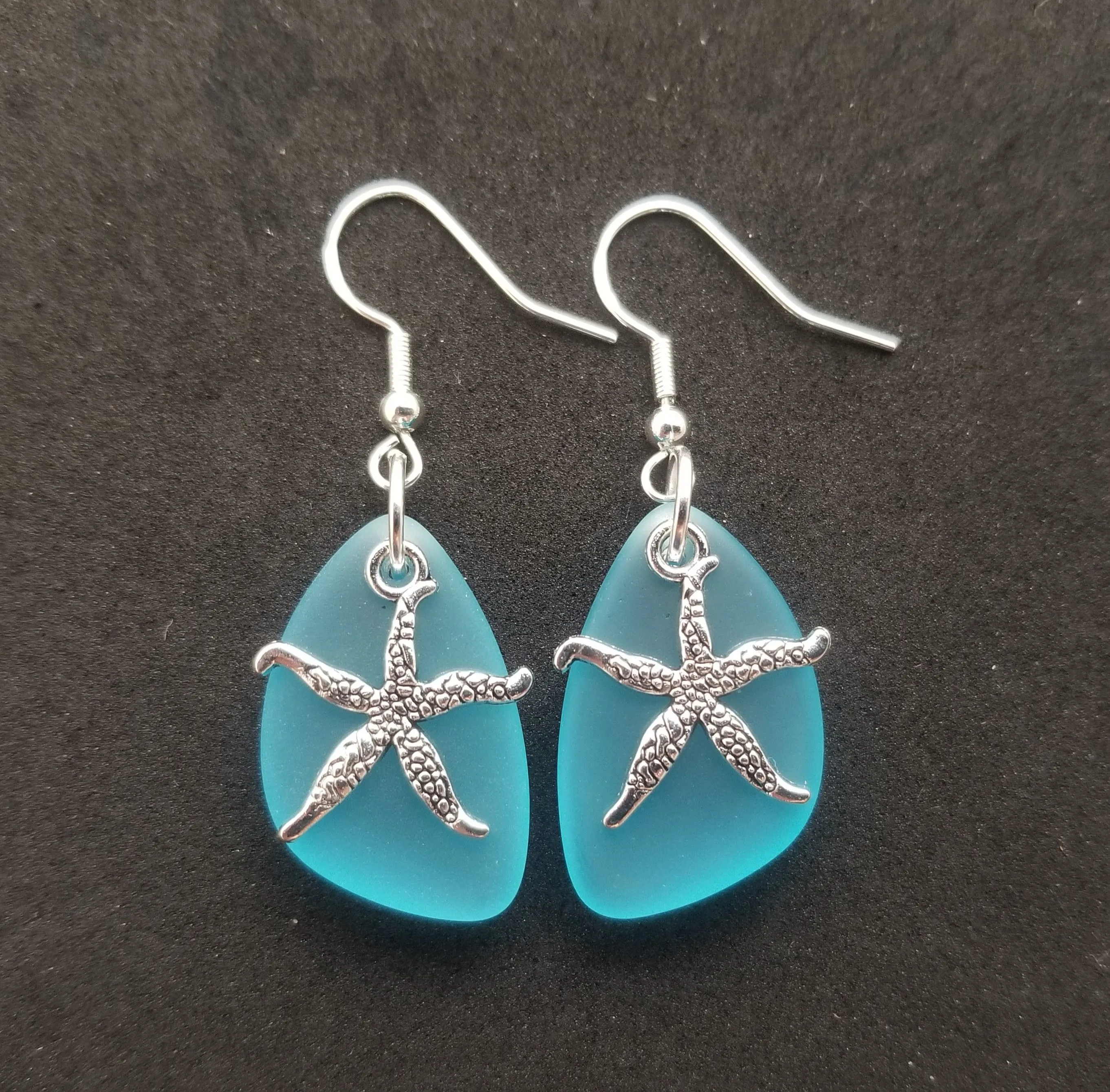 Handmade in Hawaii, Turquoise bay blue "Twin Starfish" sea glass earrings, Starfish charm, Beach jewelry gift