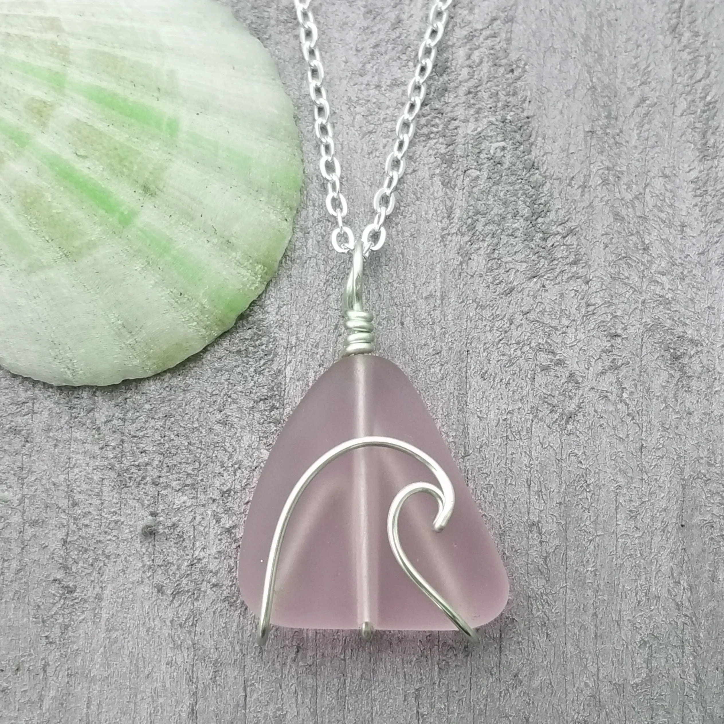 Handmade in Hawaii, Wire Wave "Magical Color Changing" purple sea glass necklace, Wave Necklace, Birthday Gift (February Birthstone)