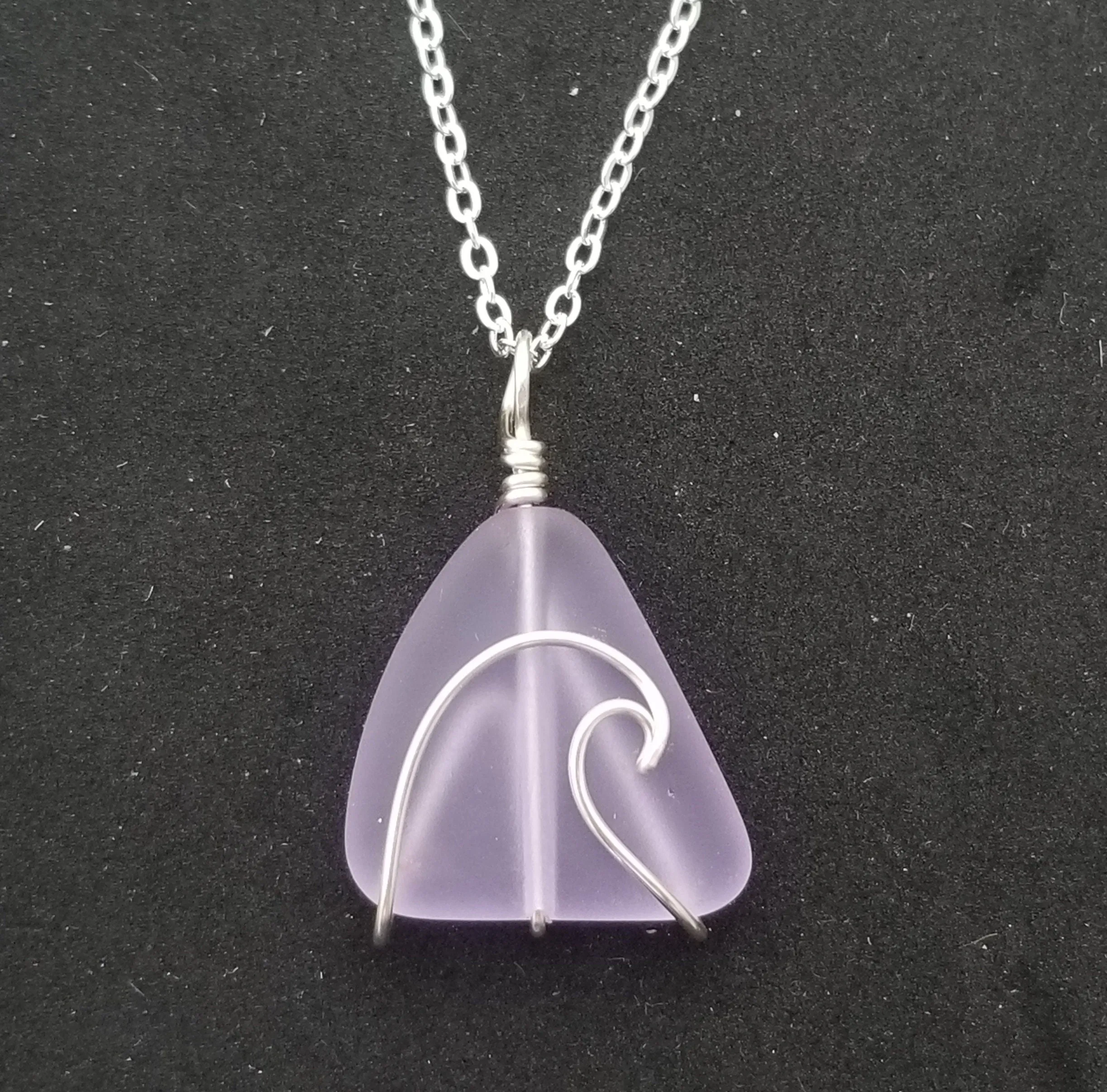 Handmade in Hawaii, Wire Wave "Magical Color Changing" purple sea glass necklace, Wave Necklace, Birthday Gift (February Birthstone)
