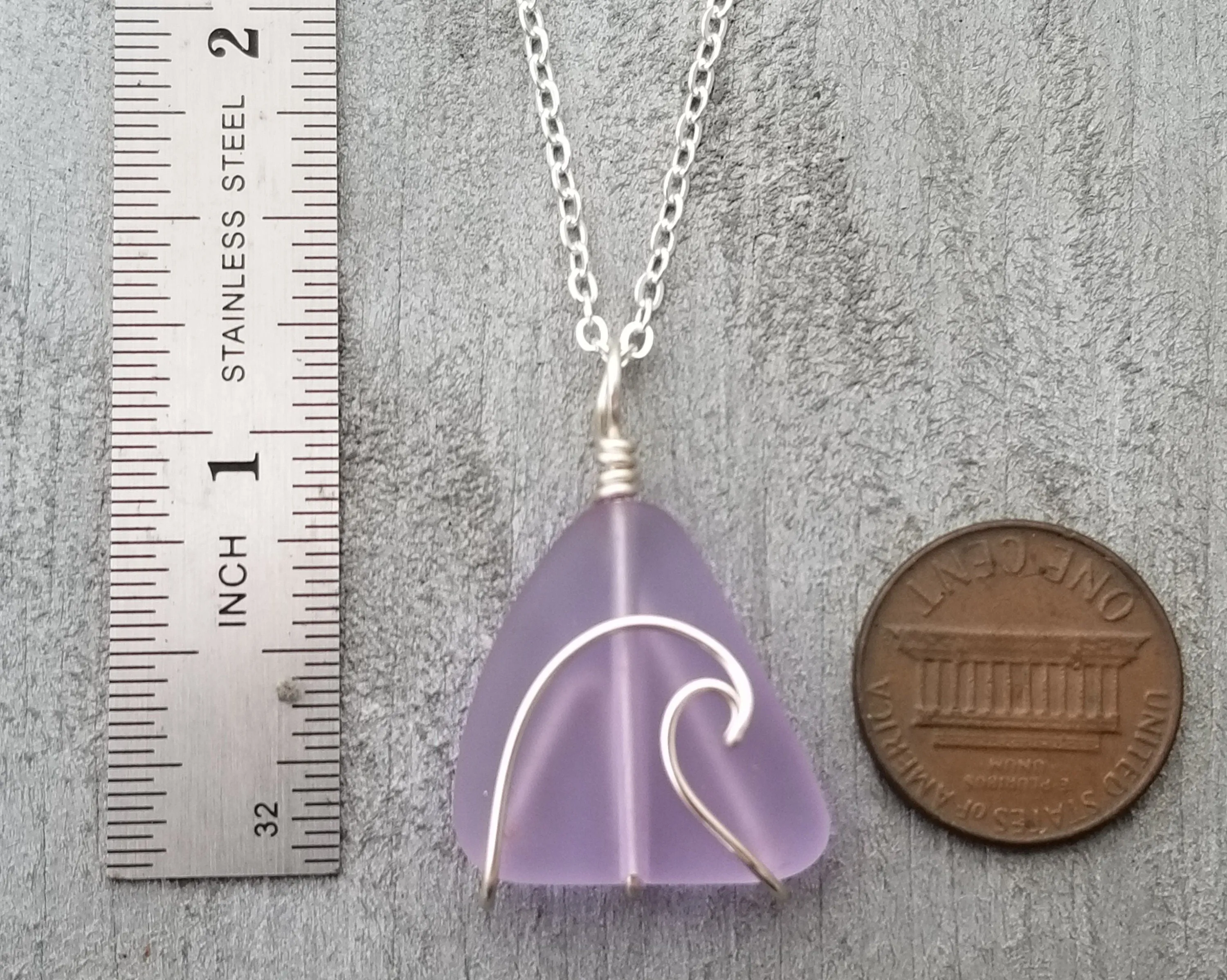 Handmade in Hawaii, Wire Wave "Magical Color Changing" purple sea glass necklace, Wave Necklace, Birthday Gift (February Birthstone)