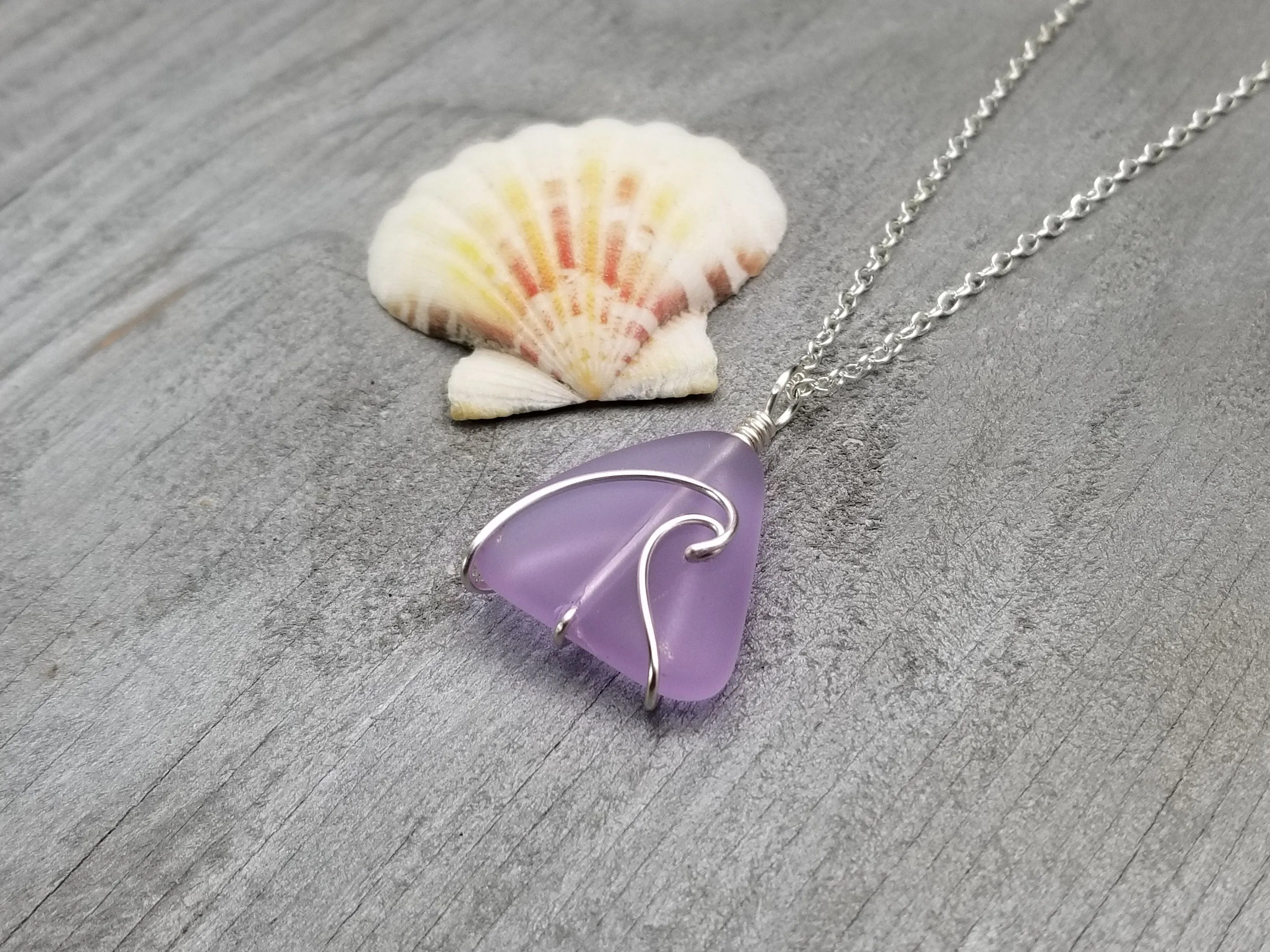 Handmade in Hawaii, Wire Wave "Magical Color Changing" purple sea glass necklace, Wave Necklace, Birthday Gift (February Birthstone)