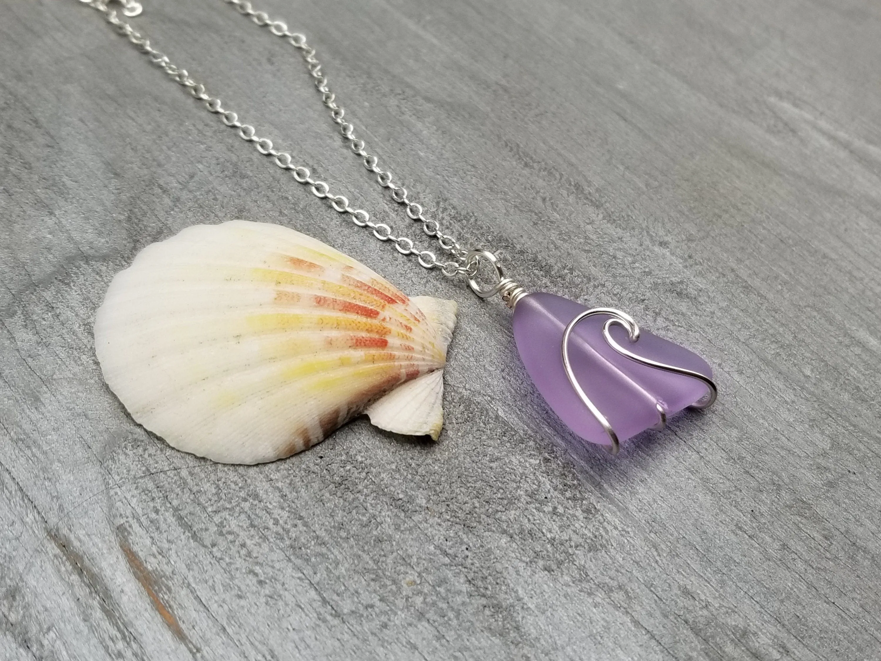 Handmade in Hawaii, Wire Wave "Magical Color Changing" purple sea glass necklace, Wave Necklace, Birthday Gift (February Birthstone)