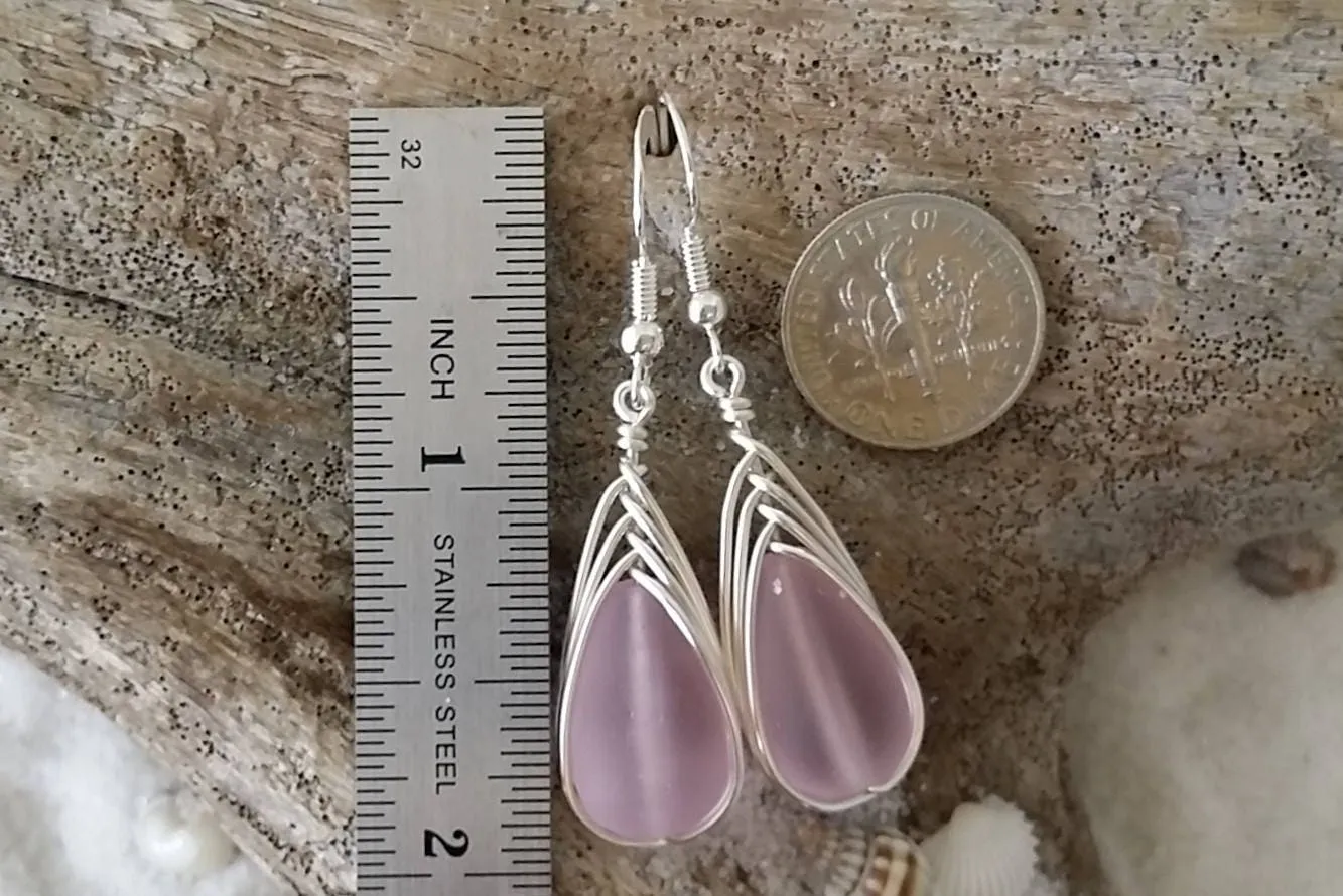Hawaiian Jewelry Sea Glass Earrings, Braided Pink Earrings Teardrop Earrings, Sea Glass Jewelry Birthday Gift (October Birthstone Jewelry)