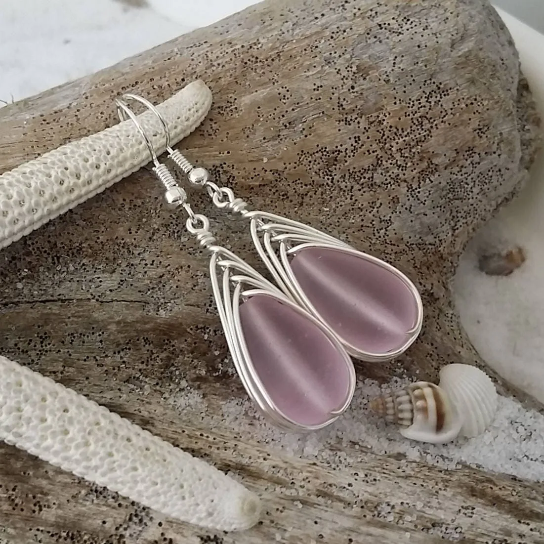 Hawaiian Jewelry Sea Glass Earrings, Braided Pink Earrings Teardrop Earrings, Sea Glass Jewelry Birthday Gift (October Birthstone Jewelry)