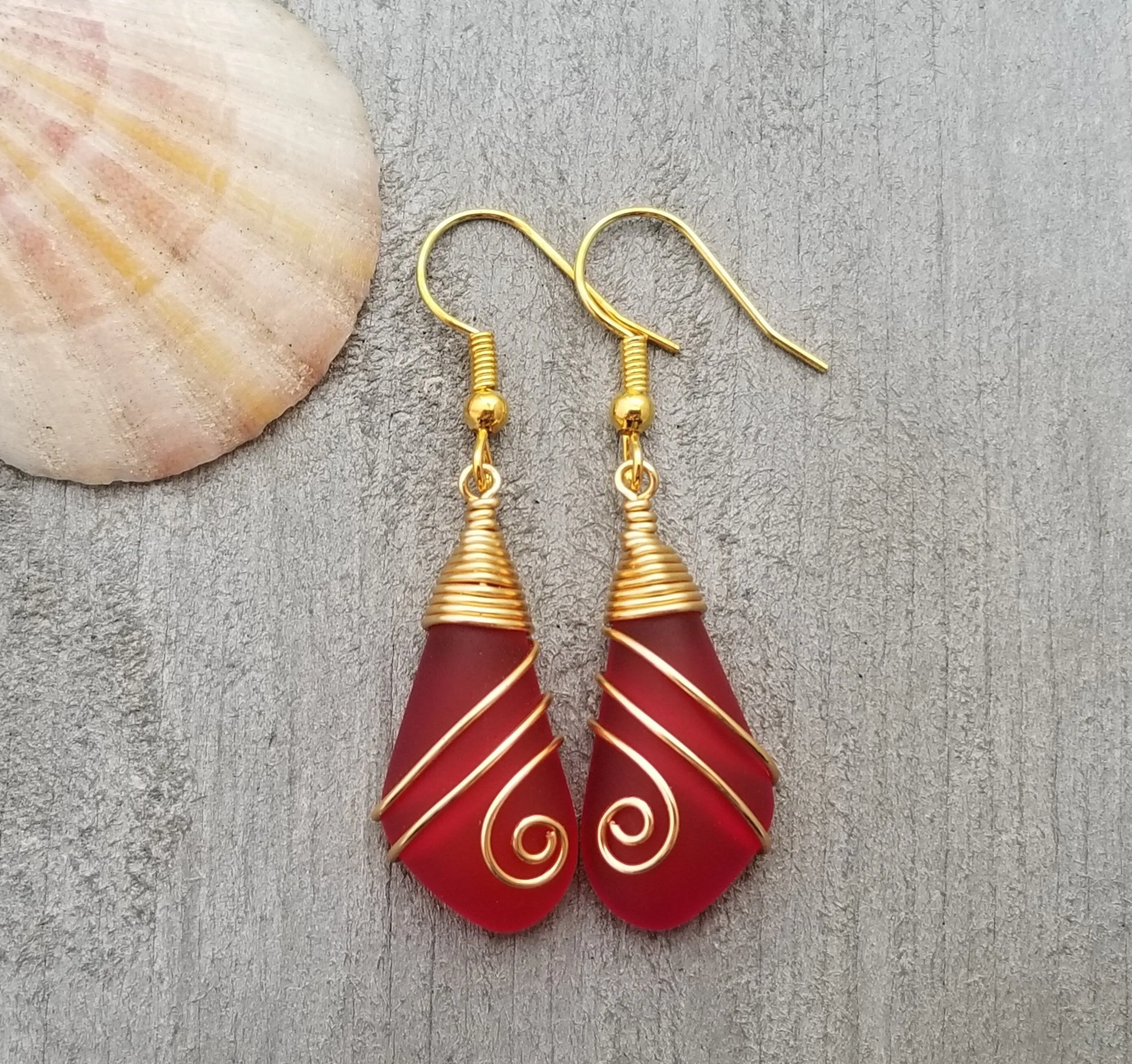 Hawaiian Jewelry Sea Glass Earrings, Gold Wire Wrapped Swirls Ruby Red Earrings, Beach Jewelry For Women (July Birthstone Jewelry)