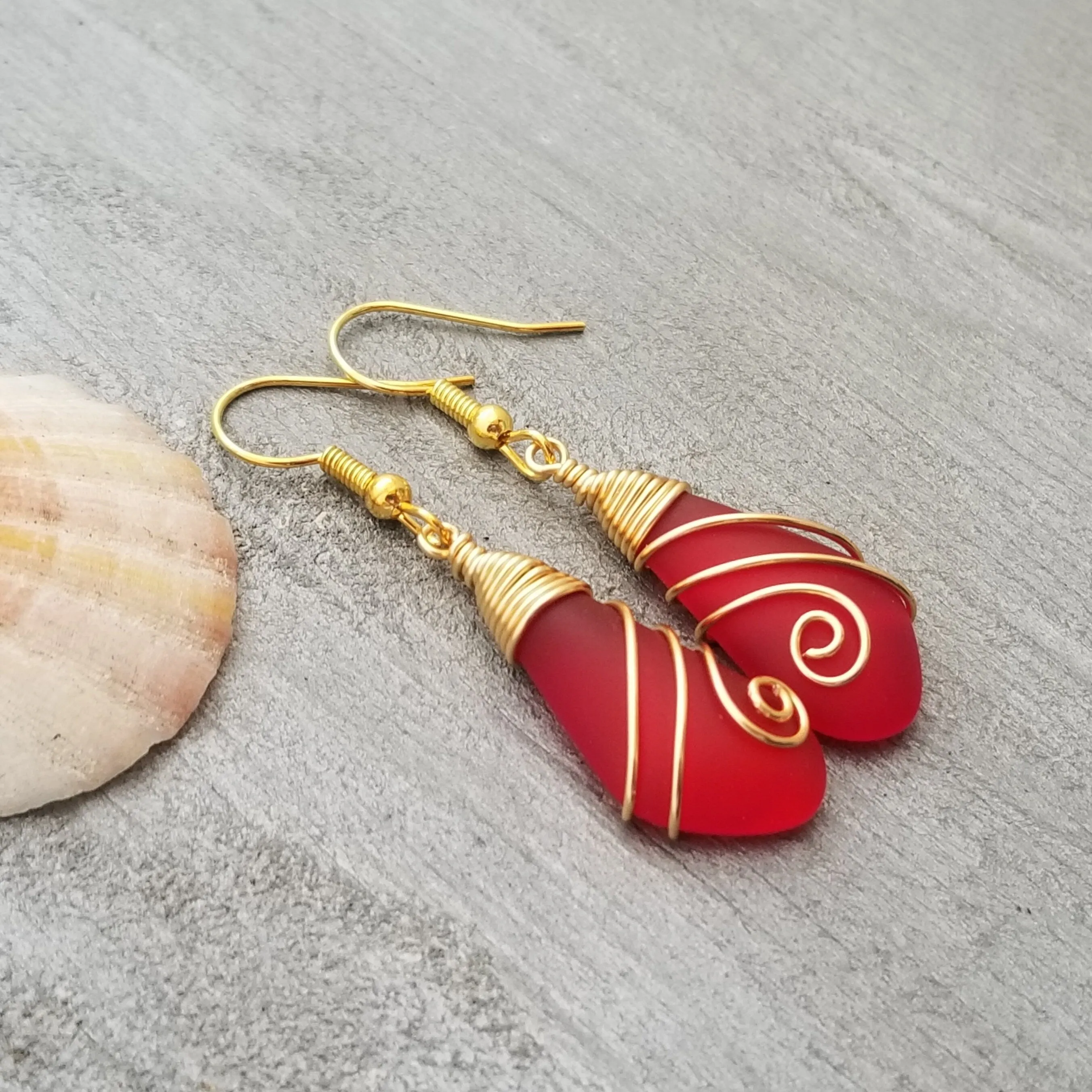 Hawaiian Jewelry Sea Glass Earrings, Gold Wire Wrapped Swirls Ruby Red Earrings, Beach Jewelry For Women (July Birthstone Jewelry)