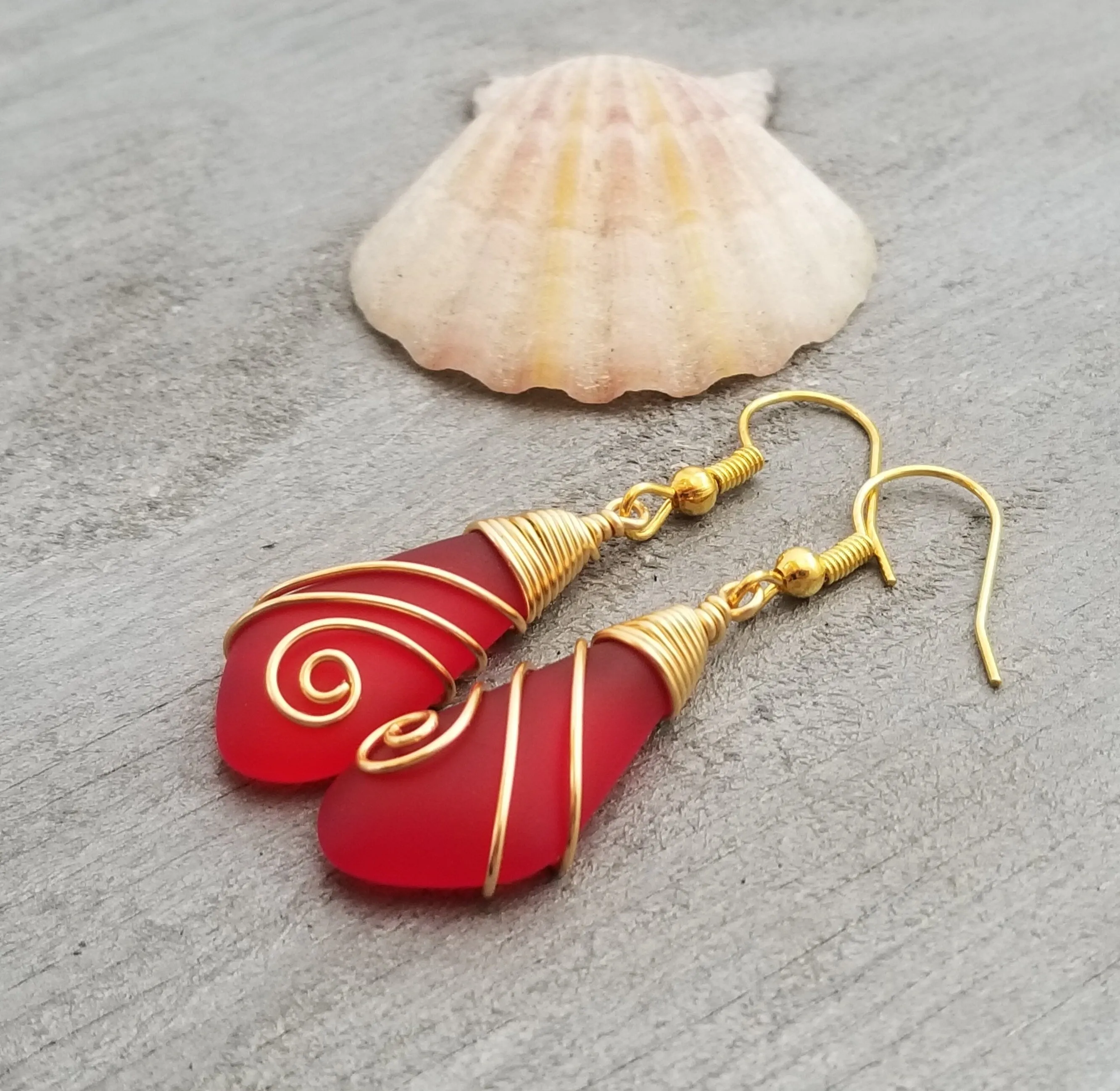 Hawaiian Jewelry Sea Glass Earrings, Gold Wire Wrapped Swirls Ruby Red Earrings, Beach Jewelry For Women (July Birthstone Jewelry)