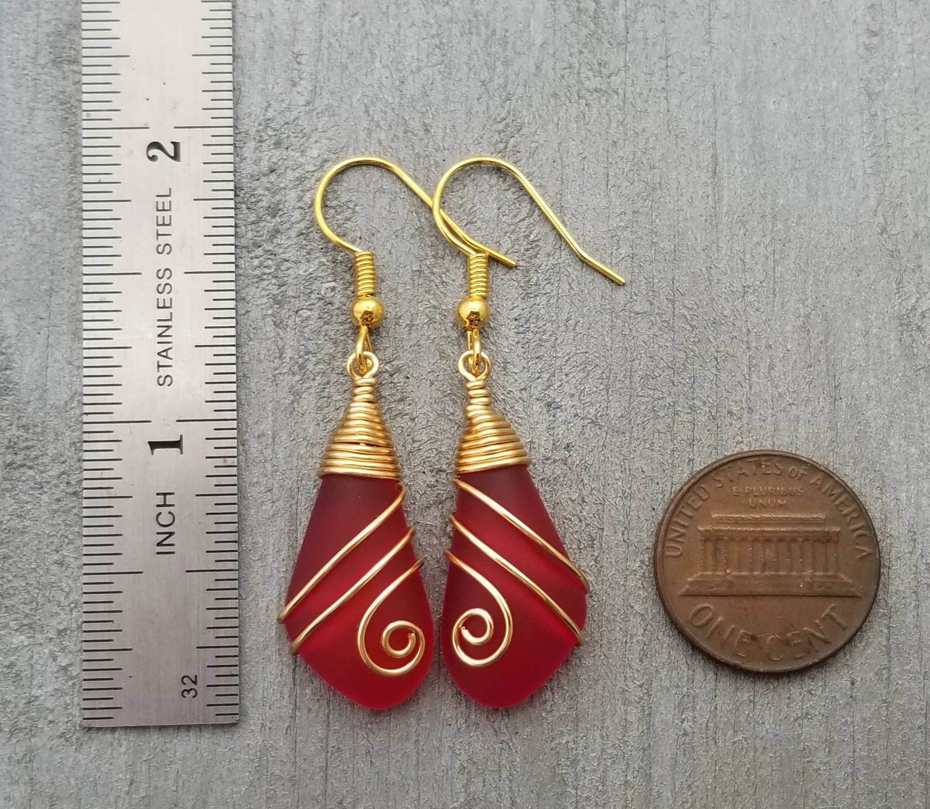Hawaiian Jewelry Sea Glass Earrings, Gold Wire Wrapped Swirls Ruby Red Earrings, Beach Jewelry For Women (July Birthstone Jewelry)
