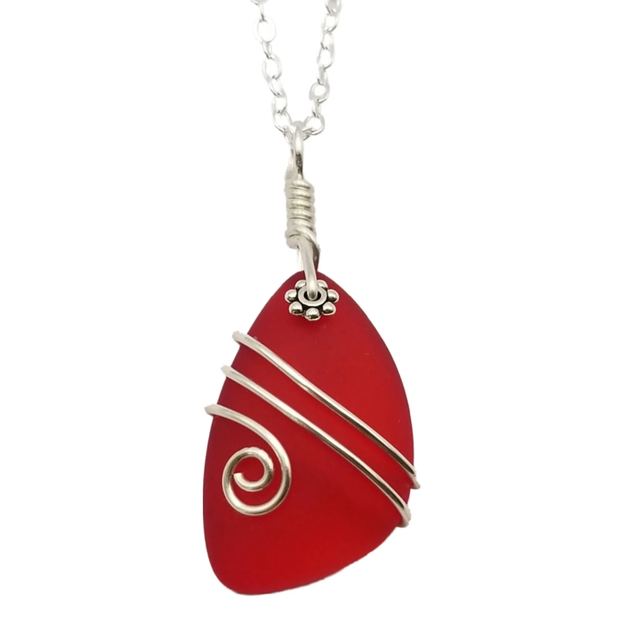 Hawaiian Jewelry Sea Glass Necklace, Wire Ruby Red Necklace, Unique Beach Sea Glass Jewelry Birthday Gift (July Birthstone Jewelry)