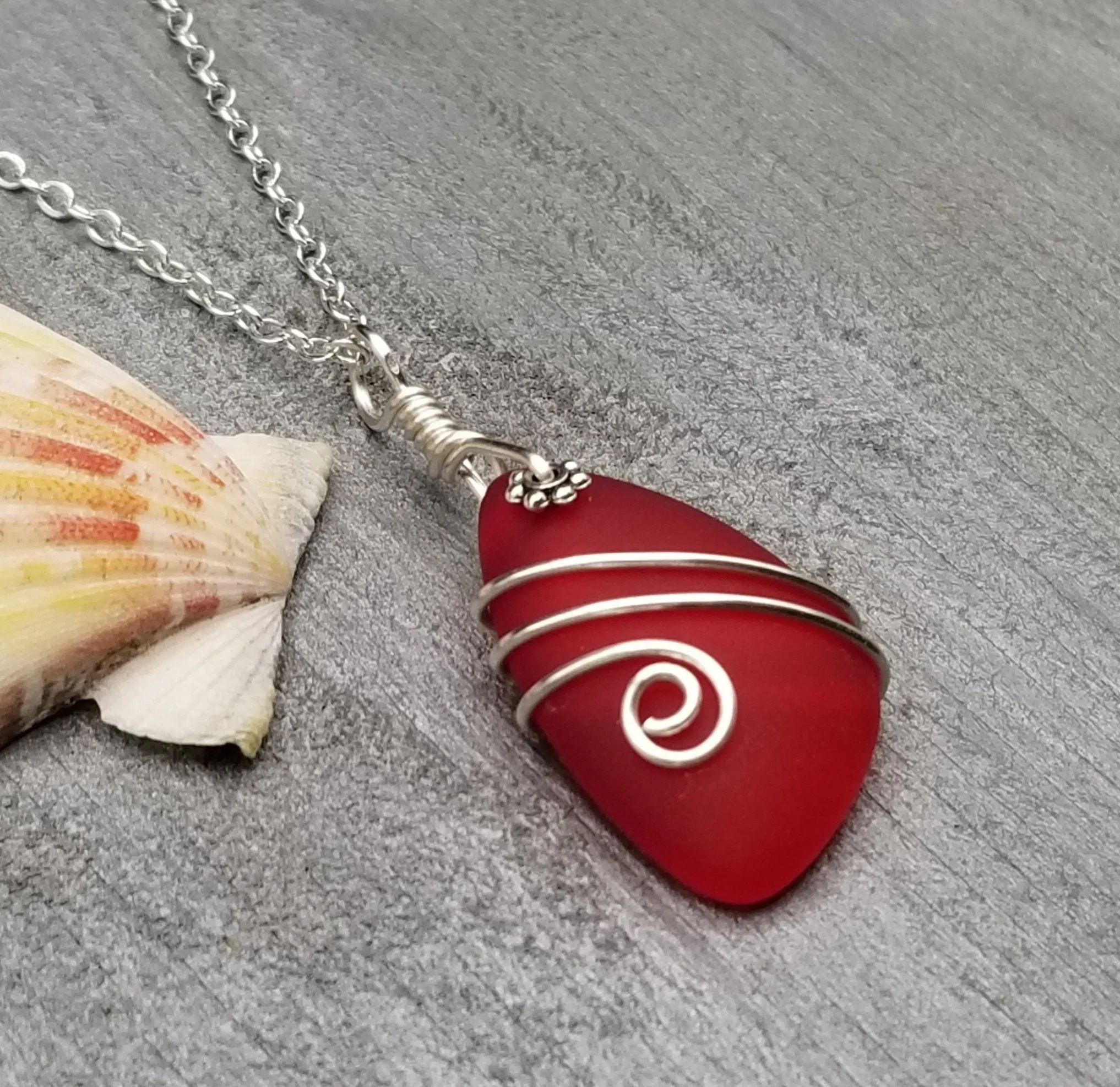 Hawaiian Jewelry Sea Glass Necklace, Wire Ruby Red Necklace, Unique Beach Sea Glass Jewelry Birthday Gift (July Birthstone Jewelry)