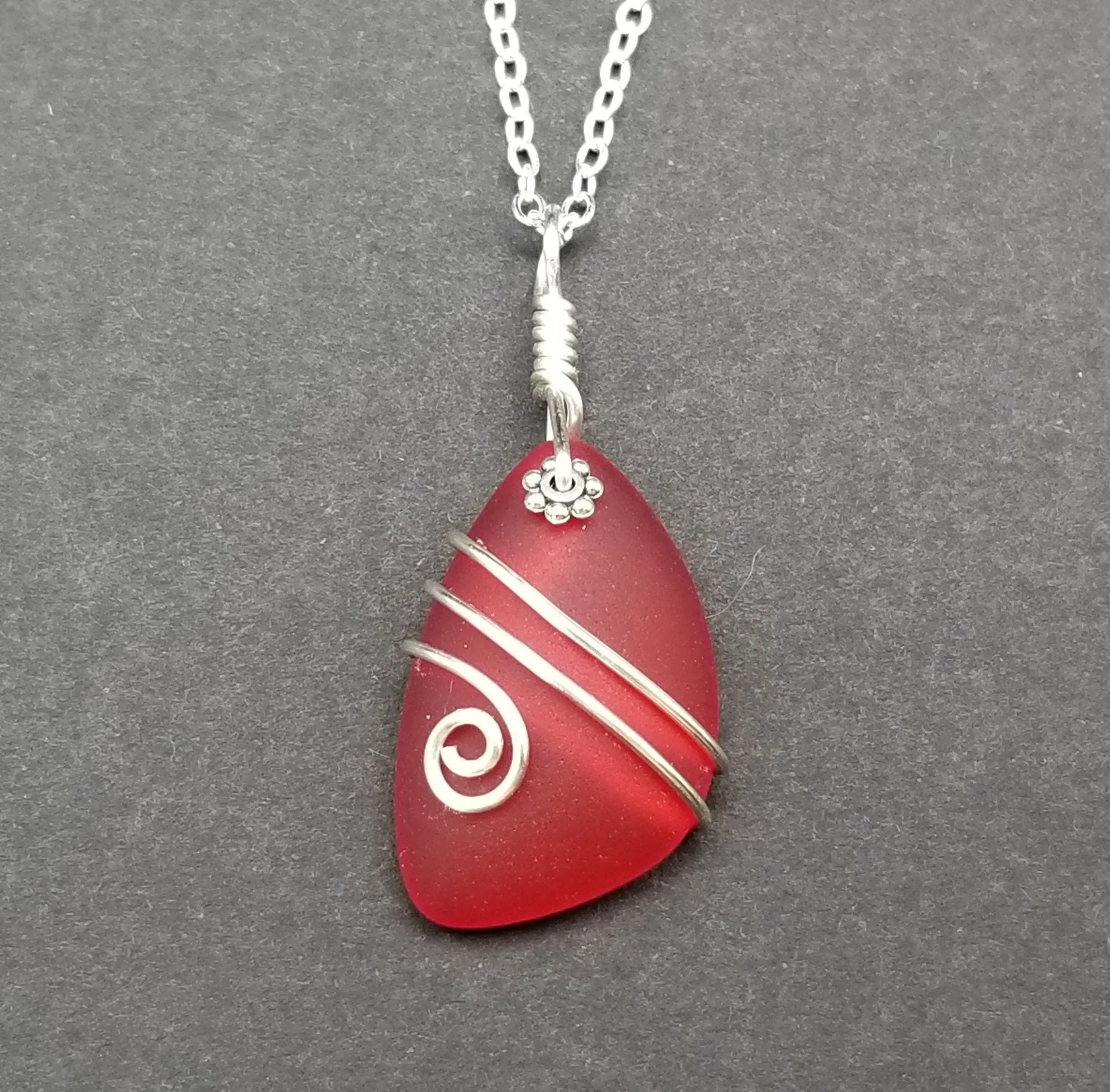 Hawaiian Jewelry Sea Glass Necklace, Wire Ruby Red Necklace, Unique Beach Sea Glass Jewelry Birthday Gift (July Birthstone Jewelry)