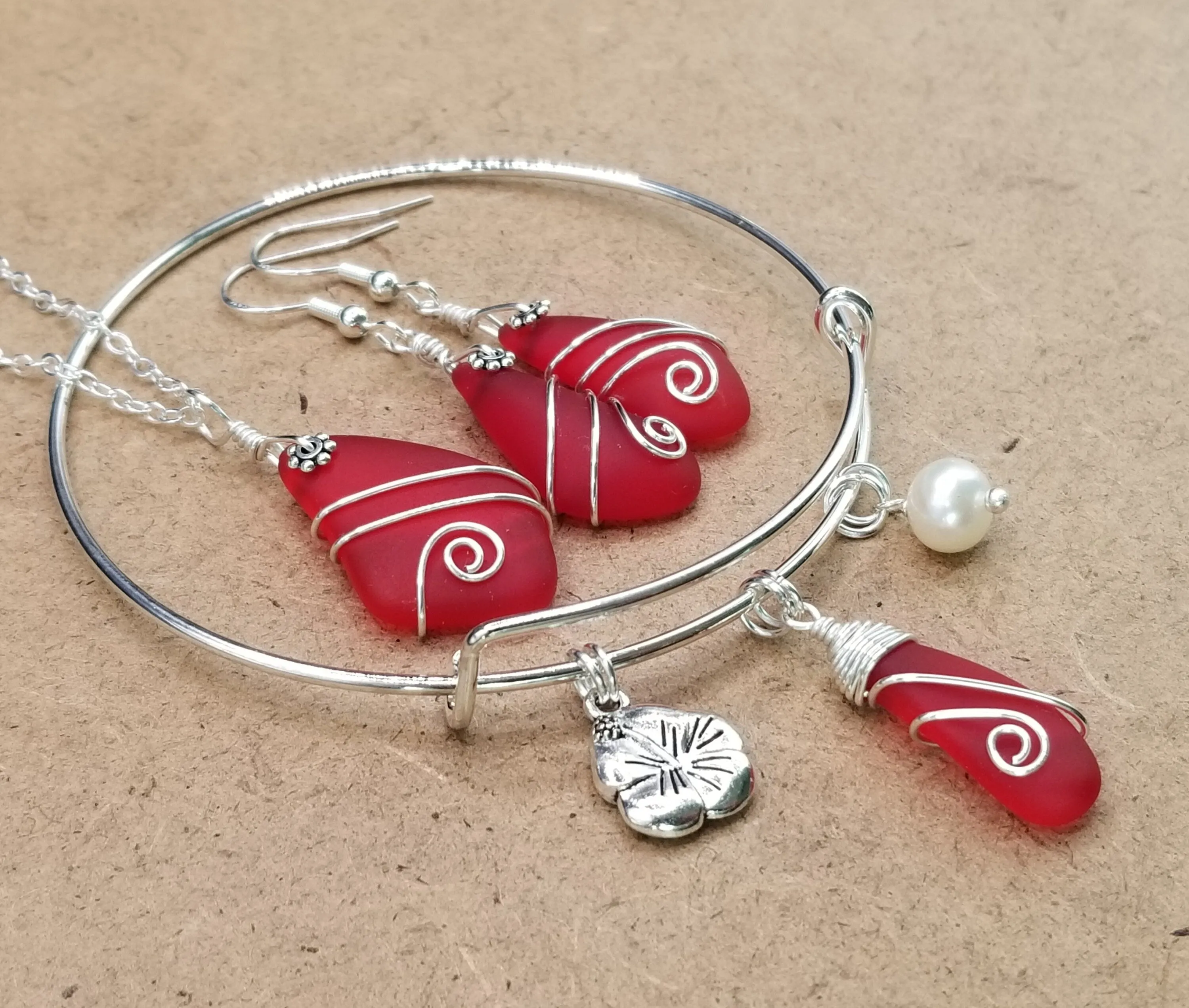 Hawaiian Jewelry Sea Glass Set, Wire Wrapped Red Necklace Earrings Bracelet Jewelry Set, Beach Jewelry Birthday Gift (January Birthstone)