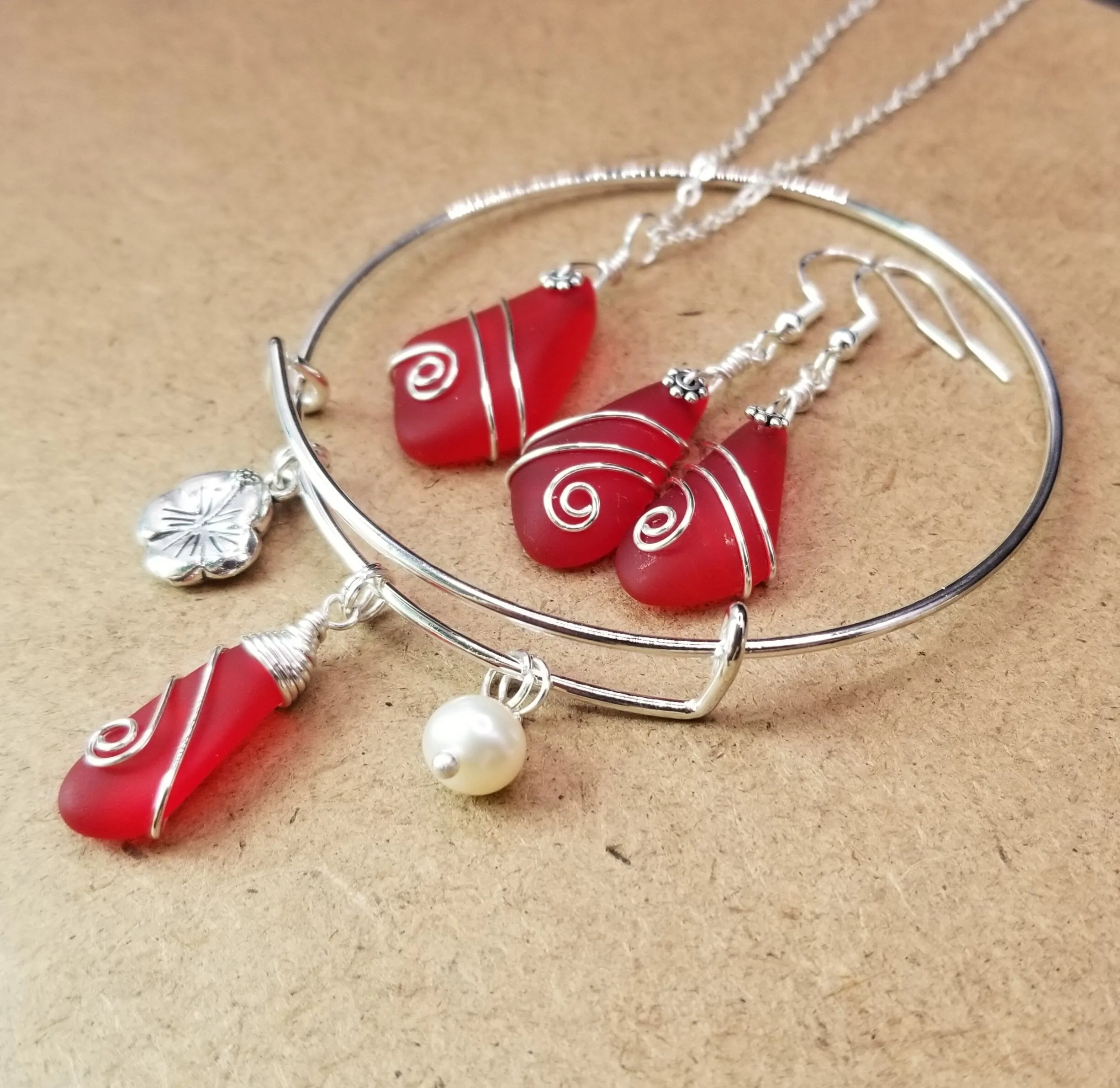 Hawaiian Jewelry Sea Glass Set, Wire Wrapped Red Necklace Earrings Bracelet Jewelry Set, Beach Jewelry Birthday Gift (January Birthstone)